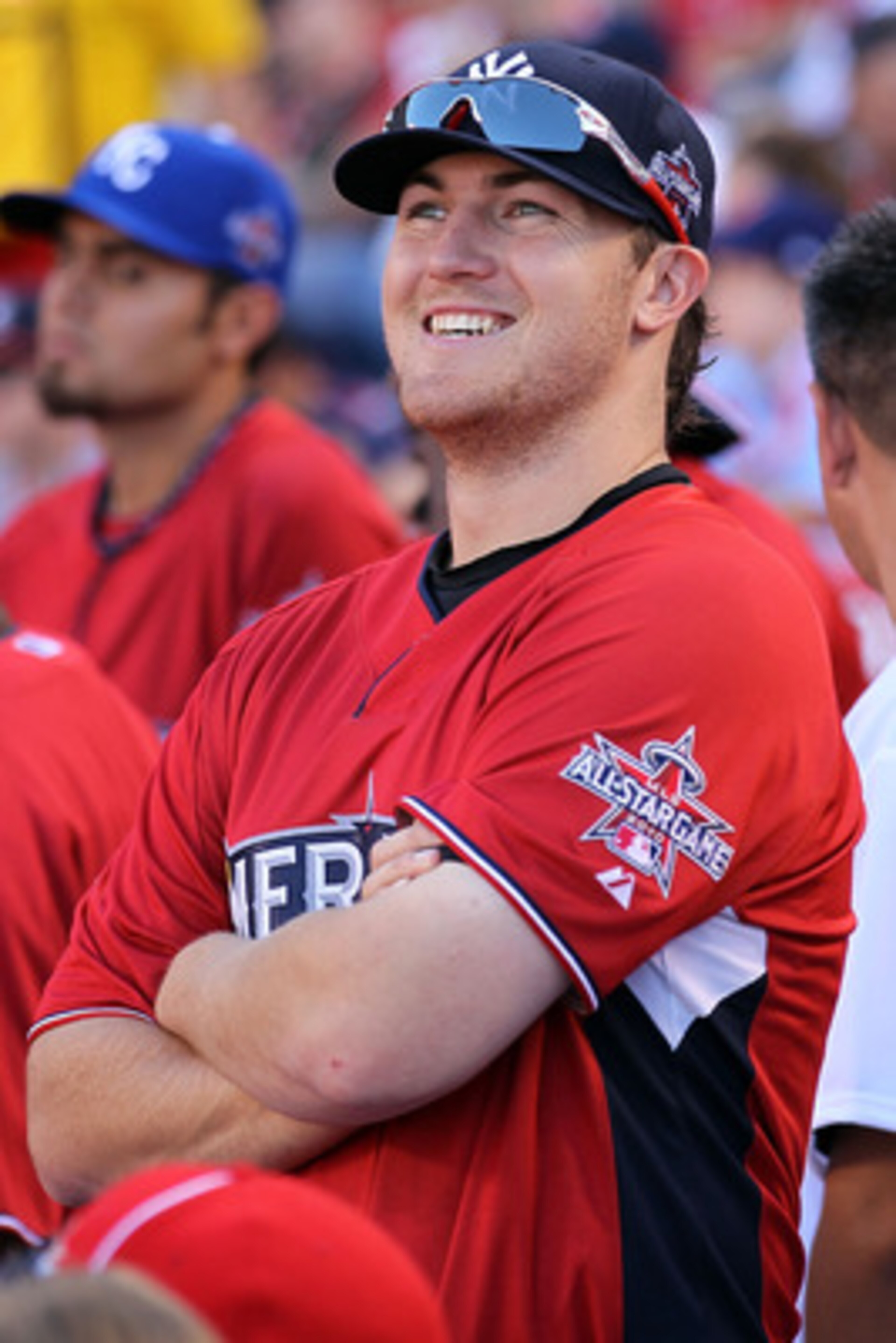 ANAHEIM, CA - JULY 12: American League All-Star Phil Hughes #65 of the New York Yankees looks on during the 2010 State Farm Home Run Derby during All-Star Weekend at Angel Stadium of Anaheim on July 12, 2010 in Anaheim, California. (Photo by Stephen Dun ANAHEIM, CA - JULY 12: American League All-Star Phil Hughes #65 of the New York Yankees looks on during the 2010 State Farm Home Run Derby during All-Star Weekend at Angel Stadium of Anaheim on July 12, 2010 in Anaheim, California. (Photo by Stephen Dun