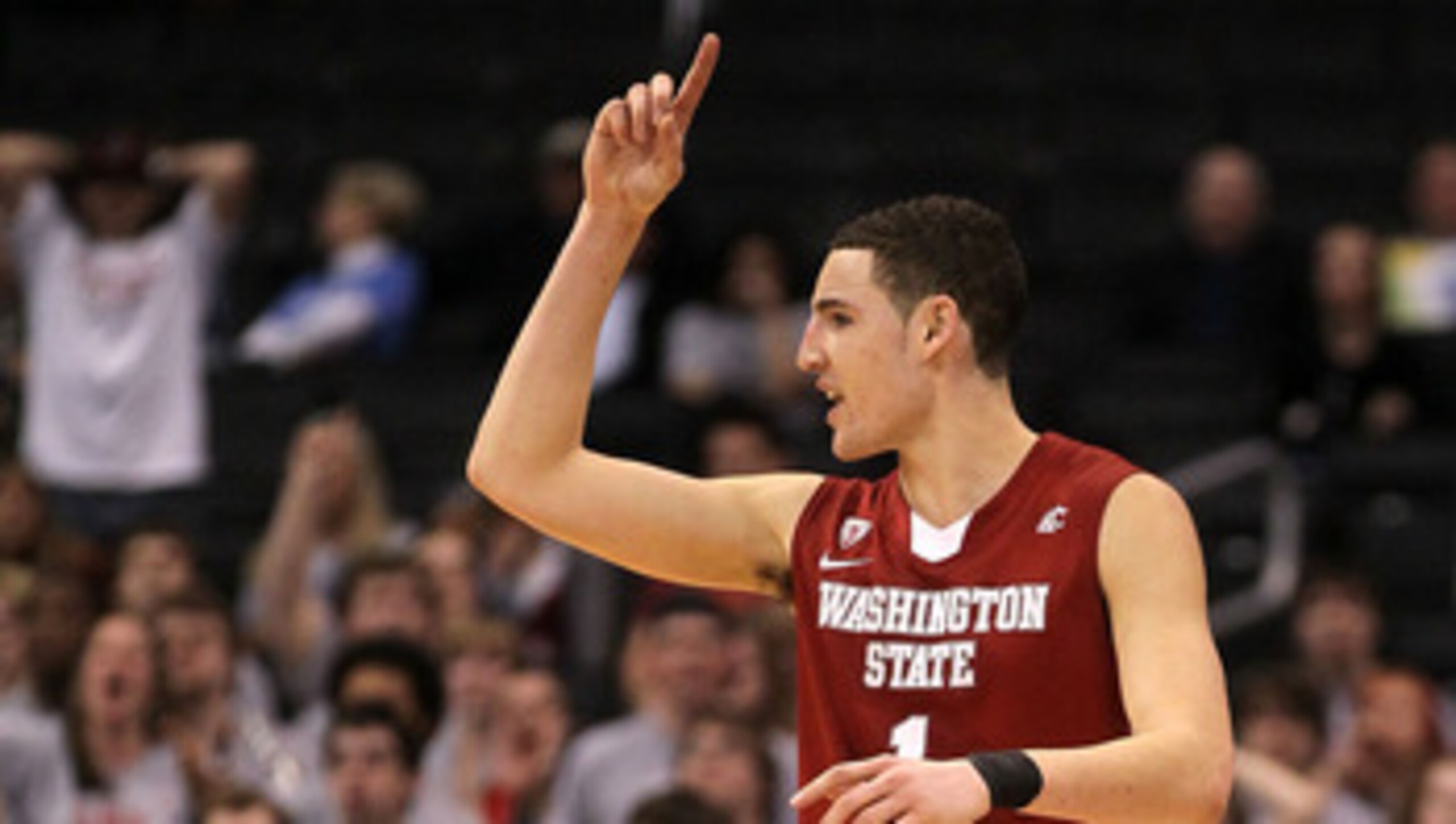 LOS ANGELES, CA - MARCH 10:  Klay Thompson #1 of the Washington State Cougars reacts after making a shot in the second half while taking on the Washington Huskies in the quarterfinals of the 2011 Pacific Life Pac-10 Men's Basketball Tournament at Staples