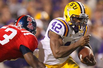 BATON ROUGE, LA - NOVEMBER 20:  Michael Ford #42 of the Louisiana State University Tigers against the Ole Miss Rebels at Tiger Stadium on November 20, 2010 in Baton Rouge, Louisiana.  (Photo by Kevin C. Cox/Getty Images)