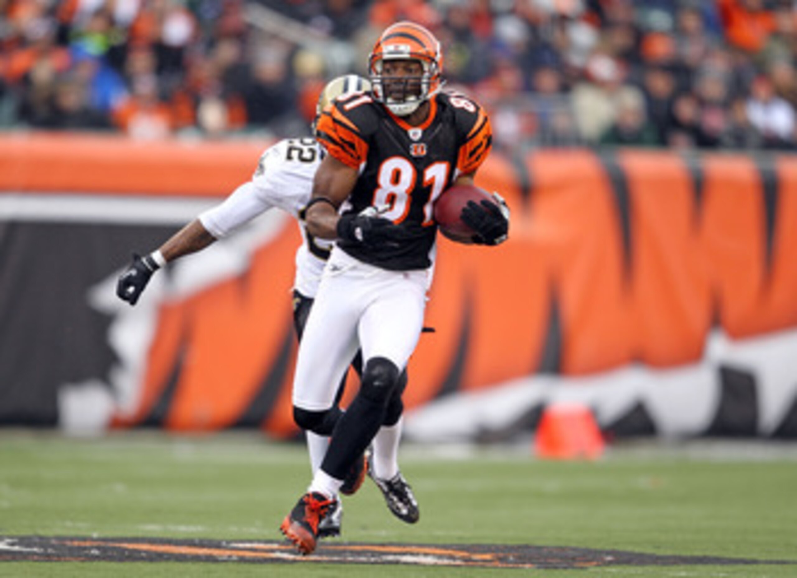 CINCINNATI, OH - DECEMBER 05: Terrell Owens #81 of the Cincinnati Bengals runs with the ball during the NFL game against the New Orleans Saints at Paul Brown Stadium on December 5, 2010 in Cincinnati, Ohio.  The Saints won 34-30.  (Photo by Andy Lyons/Get