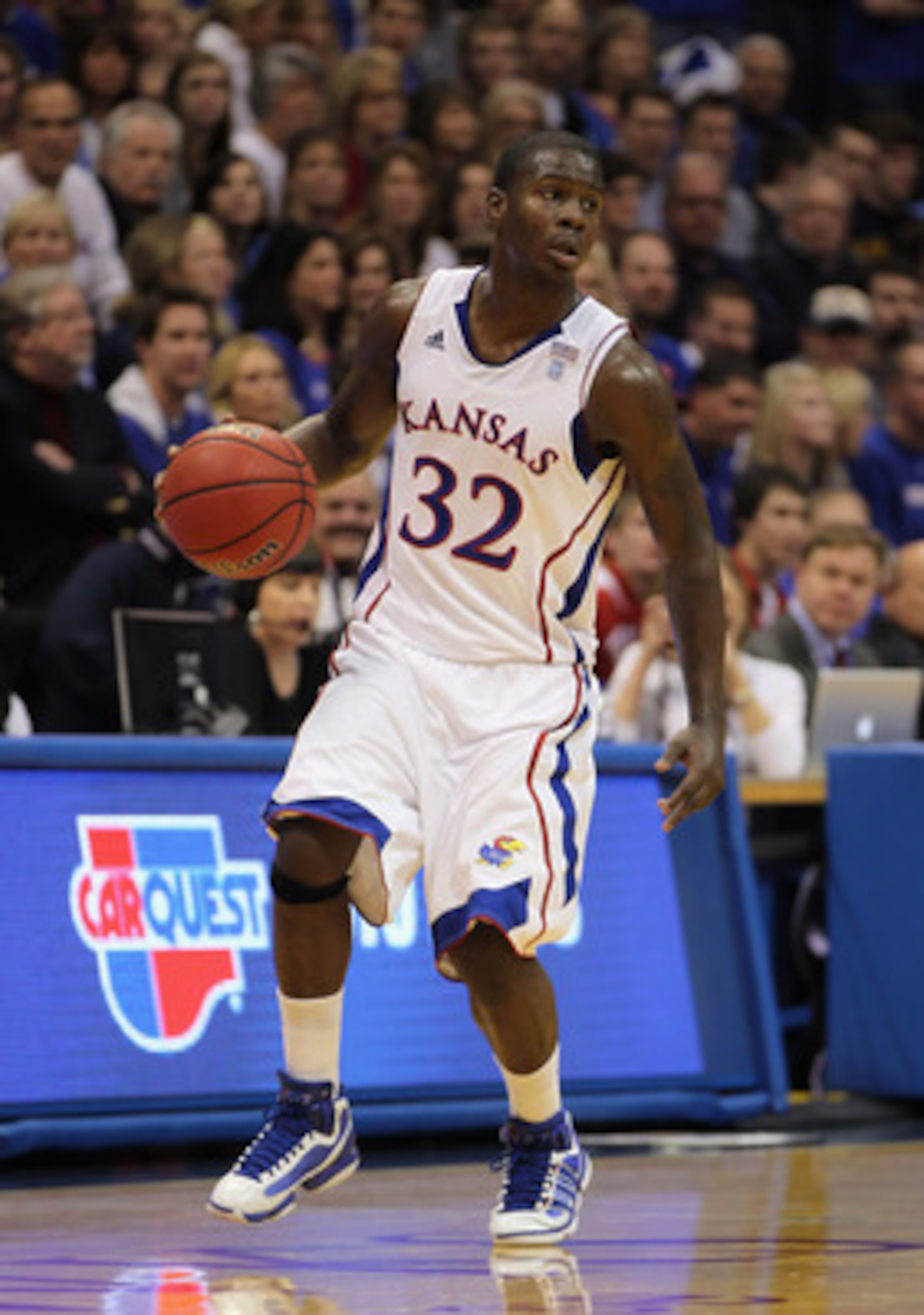 LAWRENCE, KS - DECEMBER 29:  Josh Selby #32 of the Kansas Jayhawks in action during the game against the University of Texas Arlington Mavericks on December 29, 2010 at Allen Fieldhouse in Lawrence, Kansas.  (Photo by Jamie Squire/Getty Images)