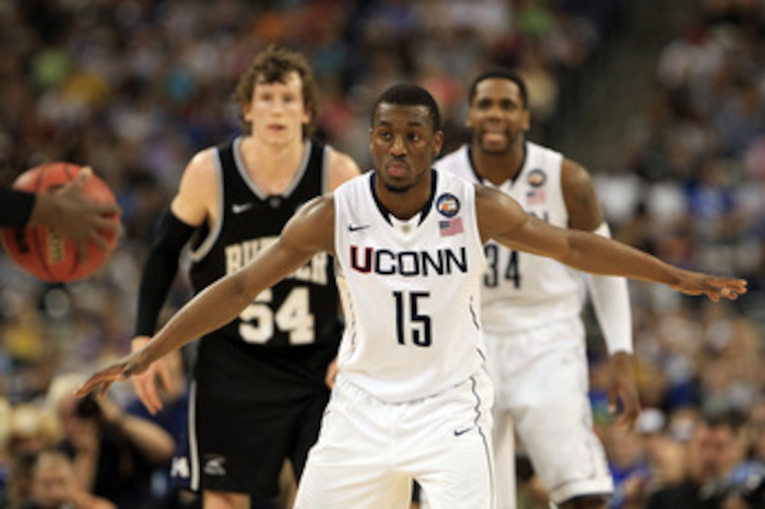 HOUSTON, TX - APRIL 04:  Kemba Walker #15 of the Connecticut Huskies looks on against the Butler Bulldogs during the National Championship Game of the 2011 NCAA Division I Men's Basketball Tournament at Reliant Stadium on April 4, 2011 in Houston, Texas. 