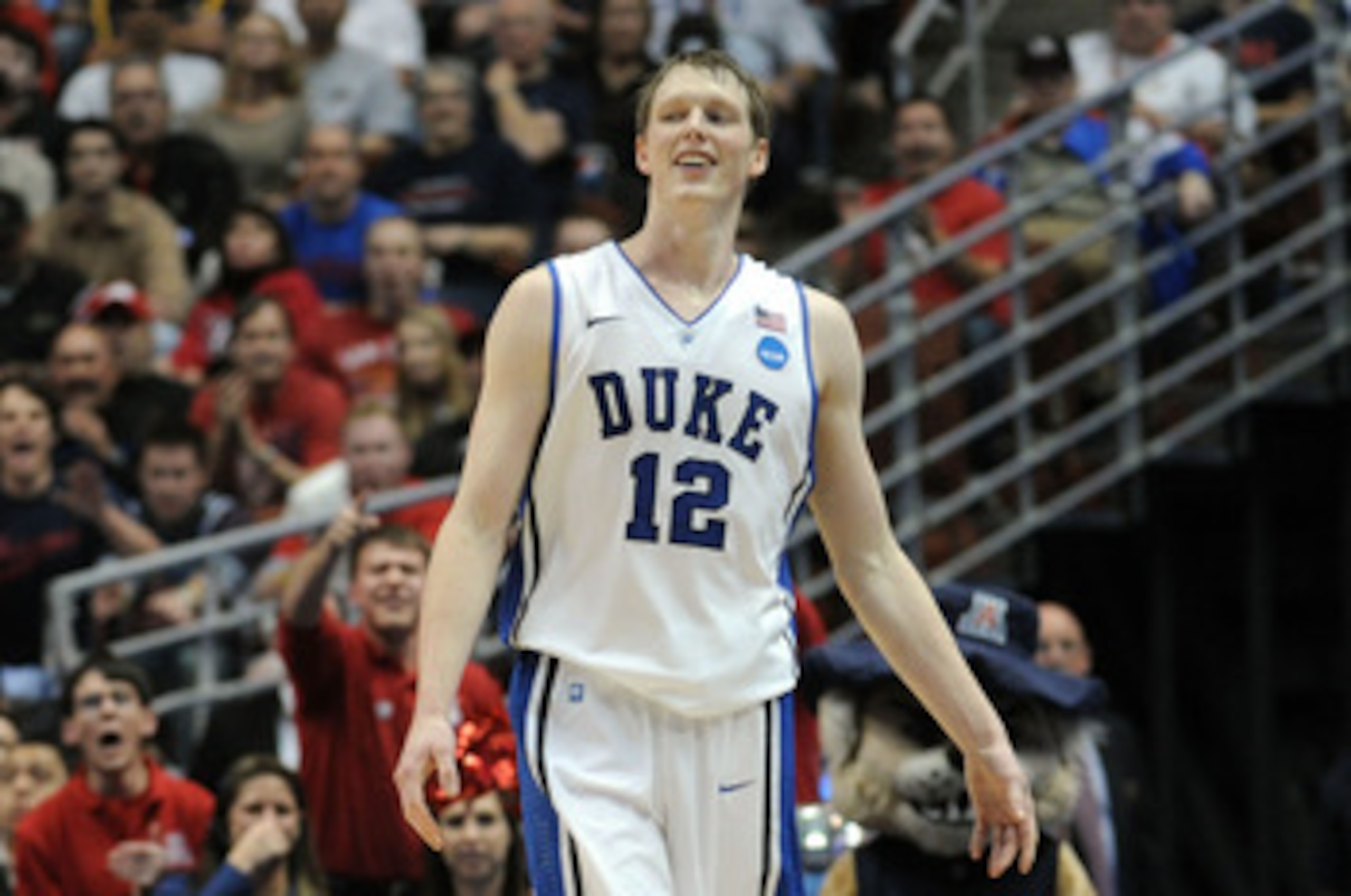 ANAHEIM, CA - MARCH 24:  Kyle Singler #12 of the Duke Blue Devils reacts after a play against the Arizona Wildcats during the west regional semifinal of the 2011 NCAA men's basketball tournament at the Honda Center on March 24, 2011 in Anaheim, California