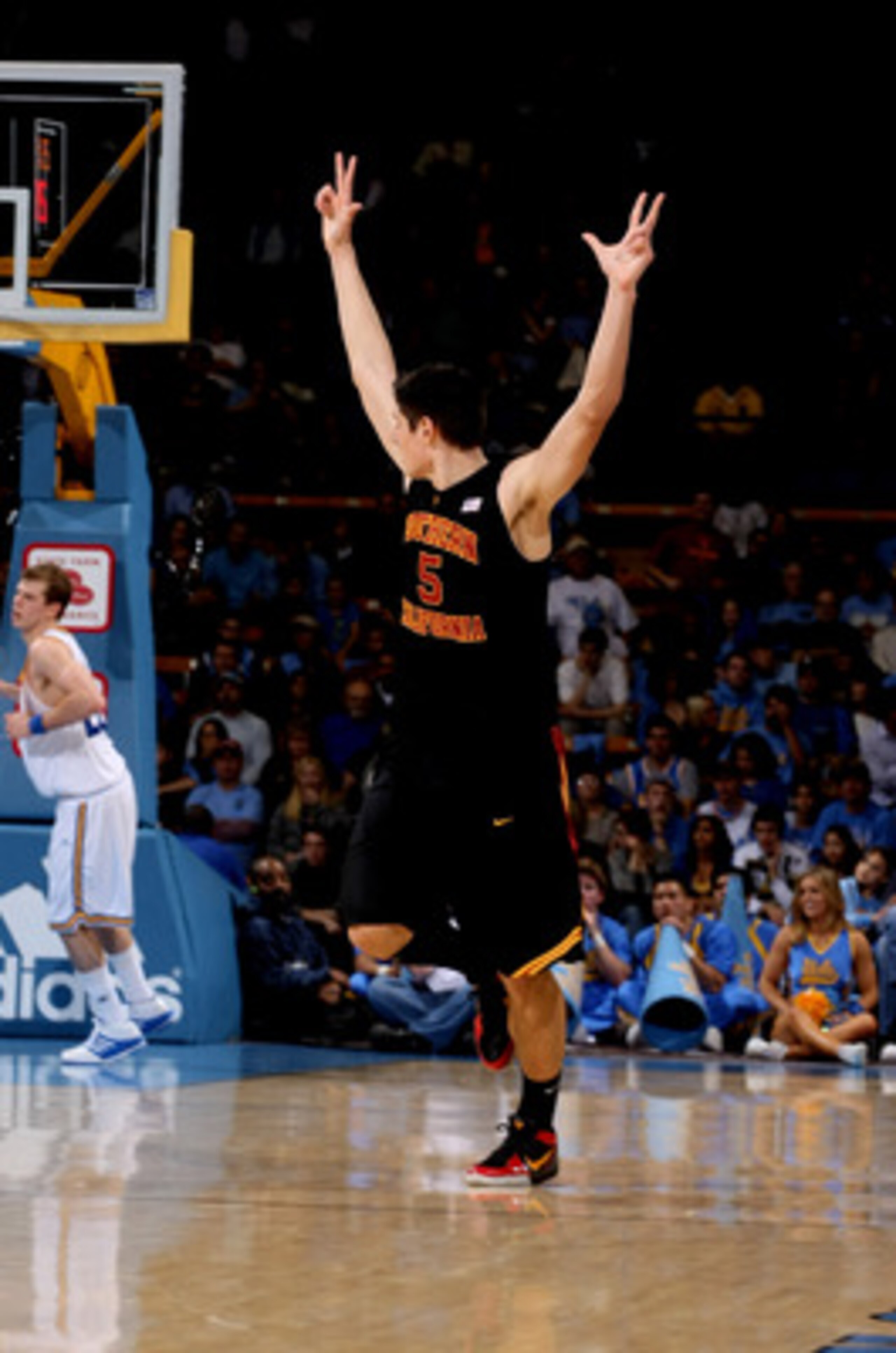 WESTWOOD, CA - JANUARY 16:  Nikola Vucevic #5 of the USC Trojans celebrates making a three point basket in the game against the UCLA Bruins on January 16, 2010 at Pauley Pavillion in Westwood, California.  USC won 67-46.  (Photo by Stephen Dunn/Getty Imag