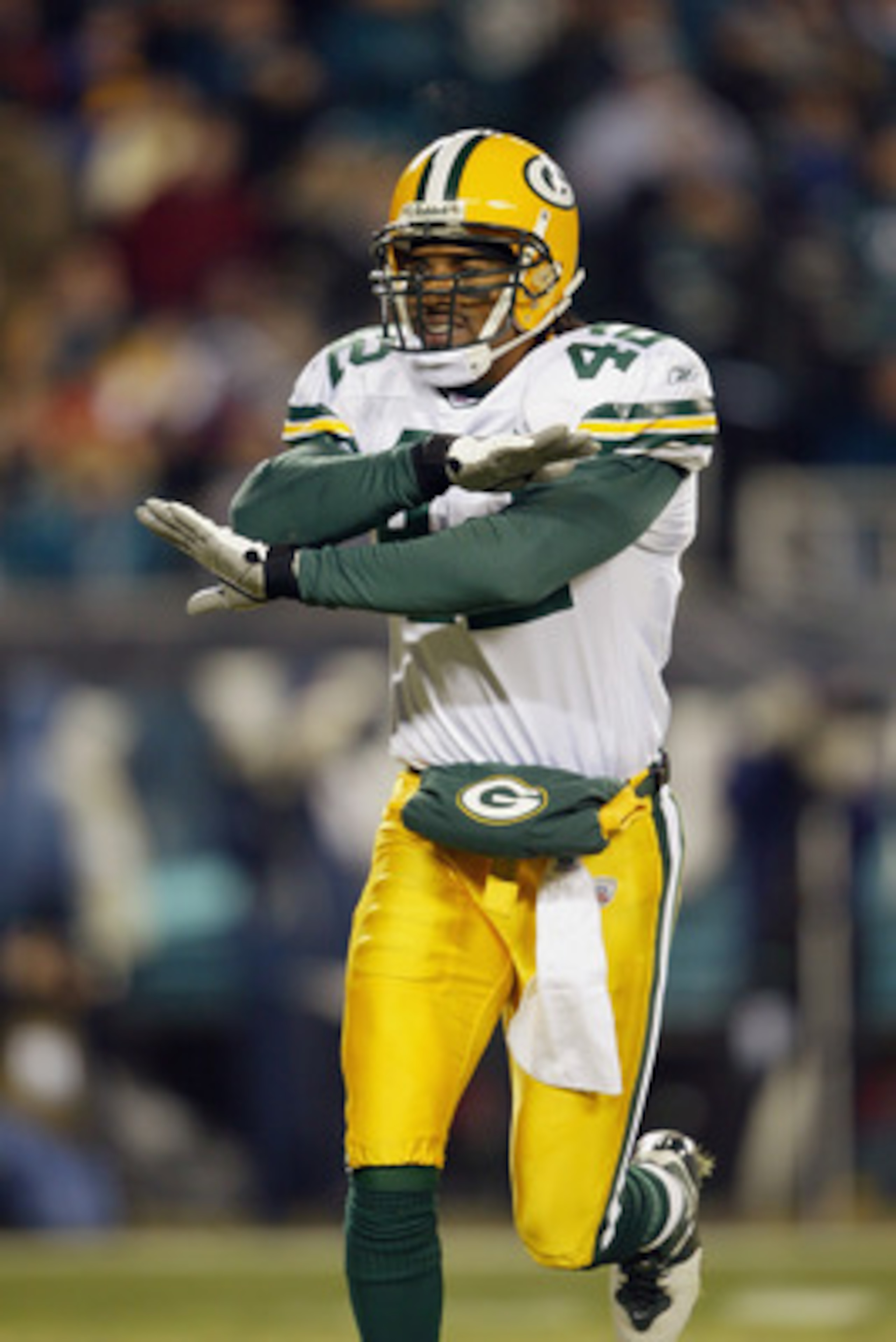 PHILADELPHIA - JANUARY 11:  Safety Darren Sharper #42 of the Green Bay Packers celebrates after making a play on defense during the game against the Philadelphia Eagles in the NFC divisional playoffs on January 11, 2004 at Lincoln Financial Field in Phila