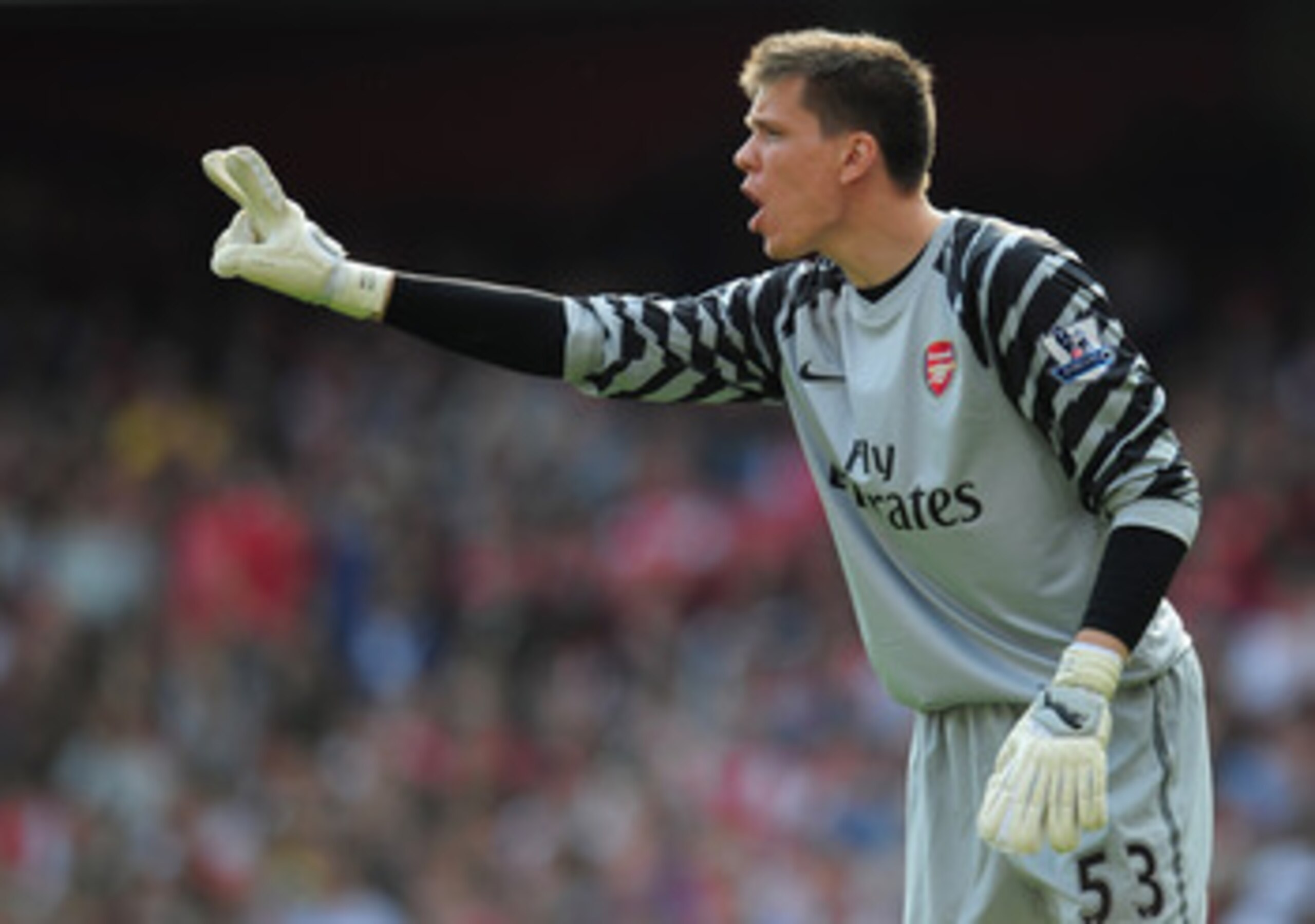 LONDON, ENGLAND - APRIL 17:  Wojciech Szczesny of Arsenal directs his defence during the Barclays Premier League match between Arsenal and Liverpool at the Emirates Stadium on April 17, 2011 in London, England.  (Photo by Shaun Botterill/Getty Images)