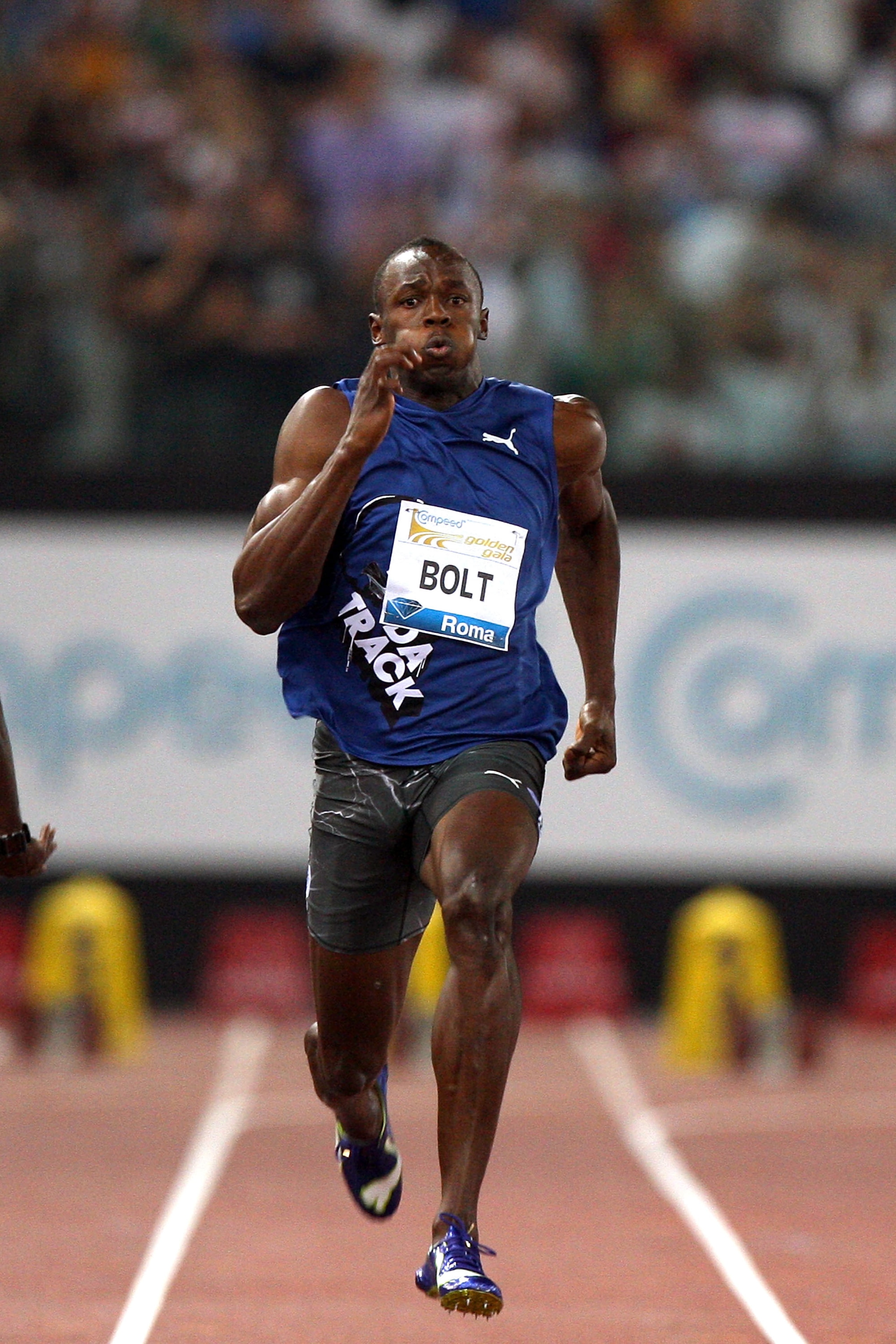 ROME, ITALY - MAY 26: Usain Bolt of Jamaica wins the men's 100m at the IAAF Compeed Golden Gala at Stadio Olimpico on May 26, 2011 in Rome, Italy. (Photo by Paolo Bruno/Getty Images) ROME, ITALY - MAY 26: Usain Bolt of Jamaica wins the men's 100m at the IAAF Compeed Golden Gala at Stadio Olimpico on May 26, 2011 in Rome, Italy. (Photo by Paolo Bruno/Getty Images)