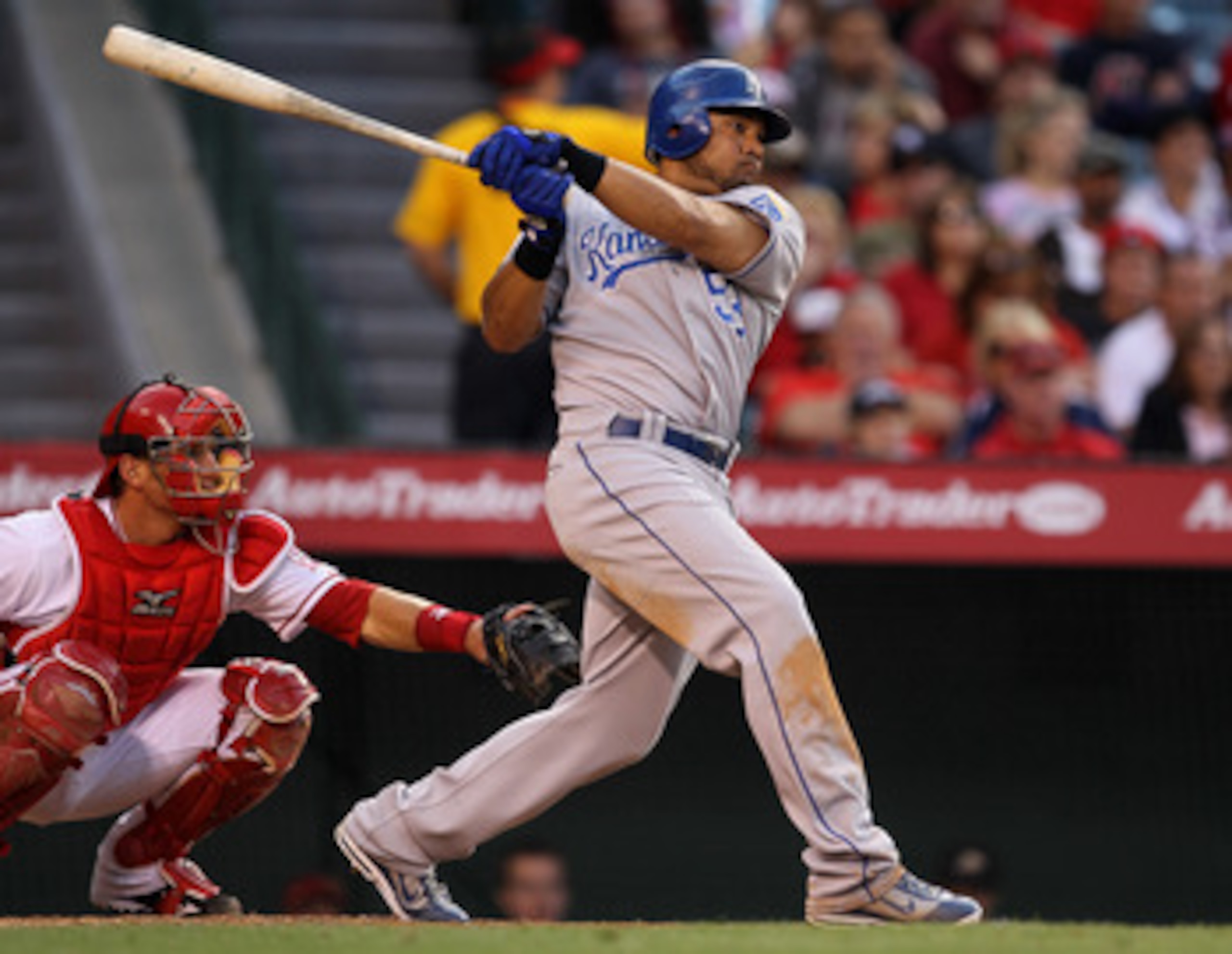 ANAHEIM, CA - JUNE 11:  Melky Cabrera #53 of the Kansas City Royals hits an RBI single in the fifth inning against the Los Angeles Angels of Anaheim on June 11, 2011 at Angel Stadium in Anaheim, California.  (Photo by Stephen Dunn/Getty Images)