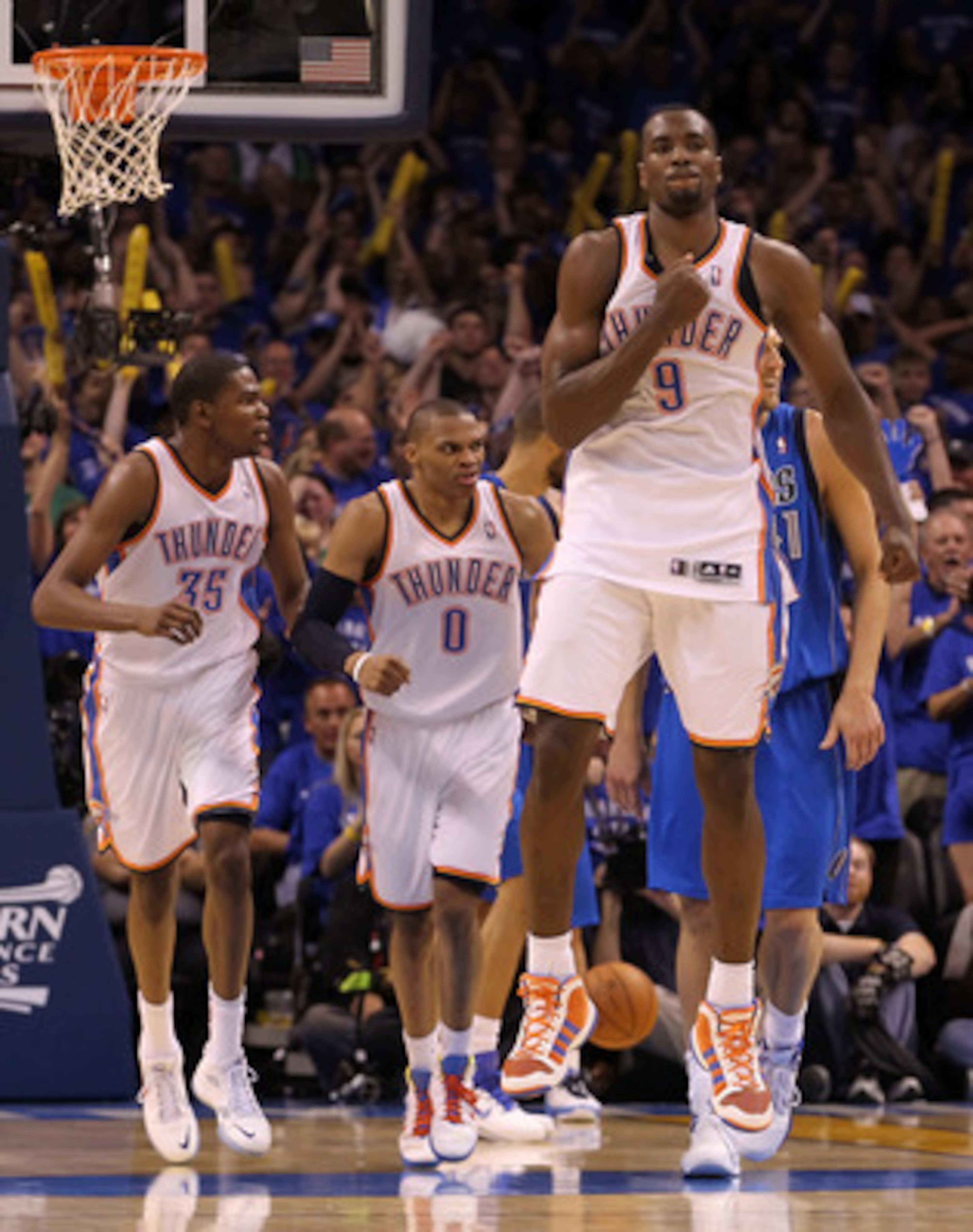 OKLAHOMA CITY, OK - MAY 23: Serge Ibaka #9 of the Oklahoma City Thunder reacts in the fourth quarter while taking on the Dallas Mavericks in Game Four of the Western Conference Finals during the 2011 NBA Playoffs at Oklahoma City Arena on May 23, 2011 in OKLAHOMA CITY, OK - MAY 23: Serge Ibaka #9 of the Oklahoma City Thunder reacts in the fourth quarter while taking on the Dallas Mavericks in Game Four of the Western Conference Finals during the 2011 NBA Playoffs at Oklahoma City Arena on May 23, 2011 in
