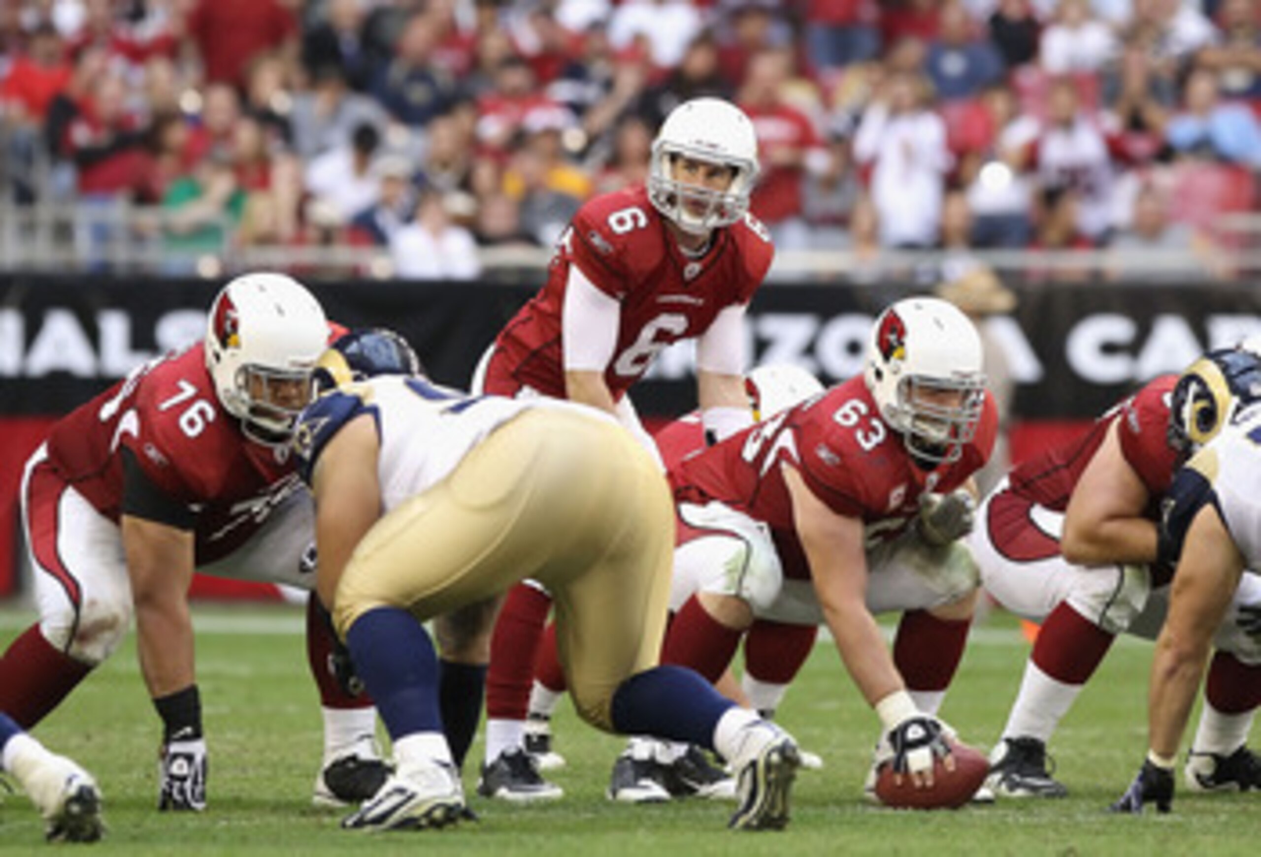 GLENDALE, AZ - DECEMBER 05:  Quarterback Max Hall #6 of the Arizona Cardinals prepares to snap the football during the NFL game against the St. Louis Rams at the University of Phoenix Stadium on December 5, 2010 in Glendale, Arizona.  The Rams defeated th
