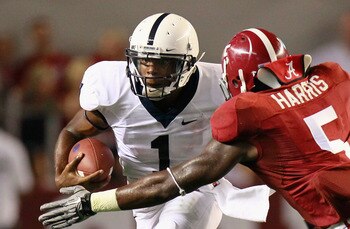 TUSCALOOSA, AL - SEPTEMBER 11:  Quarterback Robert Bolden #1 of the Penn State Nittany Lions against Jerrell Harris #5 of the Alabama Crimson Tide at Bryant-Denny Stadium on September 11, 2010 in Tuscaloosa, Alabama.  (Photo by Kevin C. Cox/Getty Images)