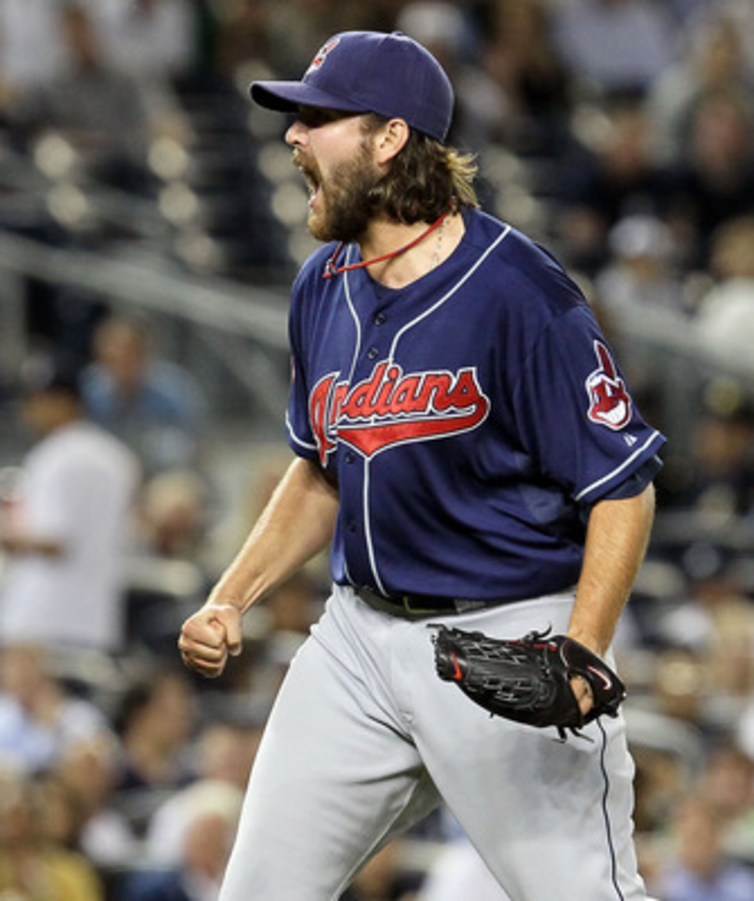 NEW YORK, NY - JUNE 13:  Chris Perez #54 of the Cleveland Indians celebrates getting the final out of the game against the New York Yankees on June 13, 2011 at Yankee Stadium in the Bronx borough of New York City. Cleveland defeated the Yankees 1-0.  (Pho