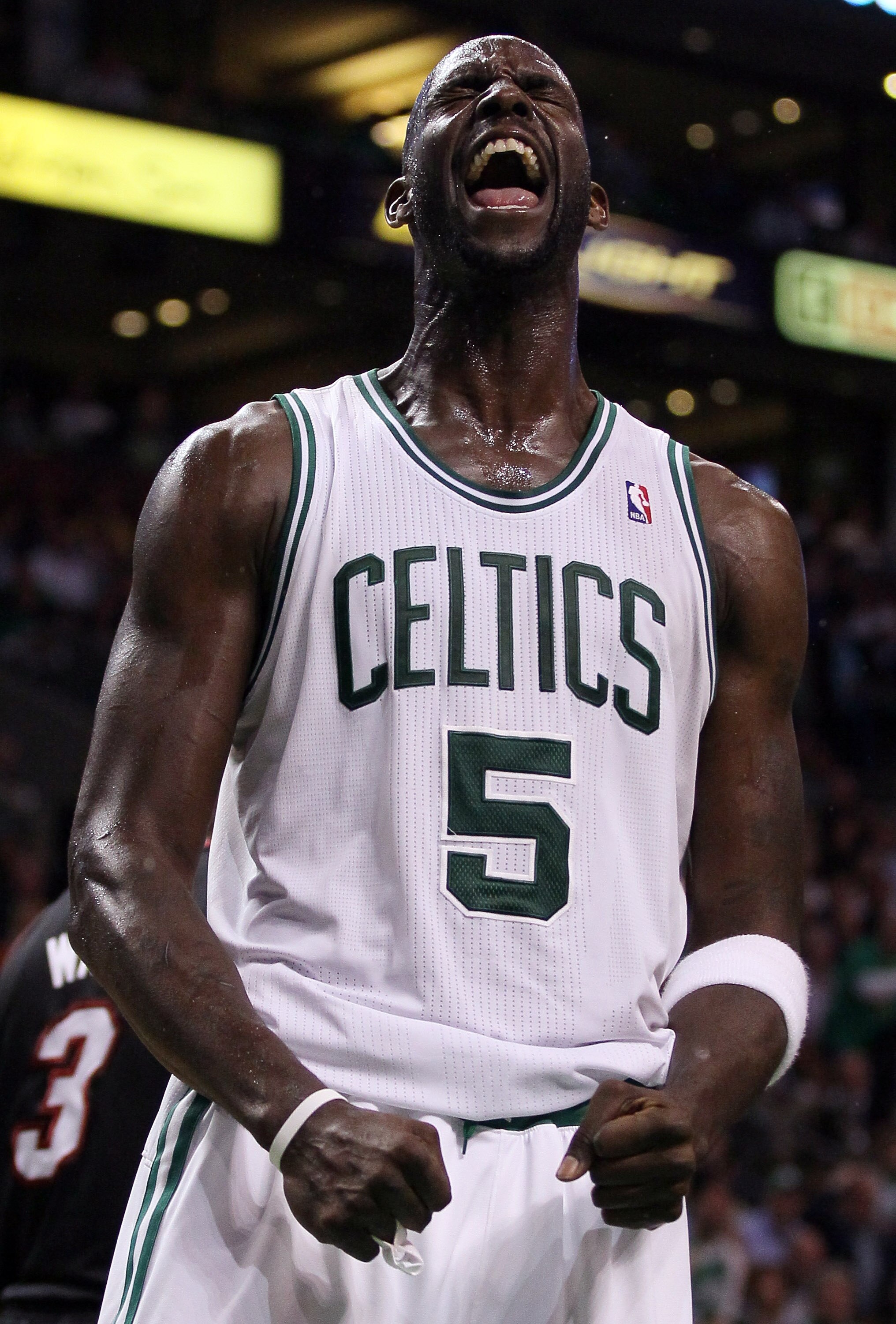 BOSTON, MA - MAY 09: Kevin Garnett #5 of the Boston Celtics reacts after a foul is called on the Miami Heat in Game Four of the Eastern Conference Semifinals in the 2011 NBA Playoffs on May 9, 2011 at the TD Garden in Boston, Massachusetts. NOTE TO USER BOSTON, MA - MAY 09: Kevin Garnett #5 of the Boston Celtics reacts after a foul is called on the Miami Heat in Game Four of the Eastern Conference Semifinals in the 2011 NBA Playoffs on May 9, 2011 at the TD Garden in Boston, Massachusetts. NOTE TO USER