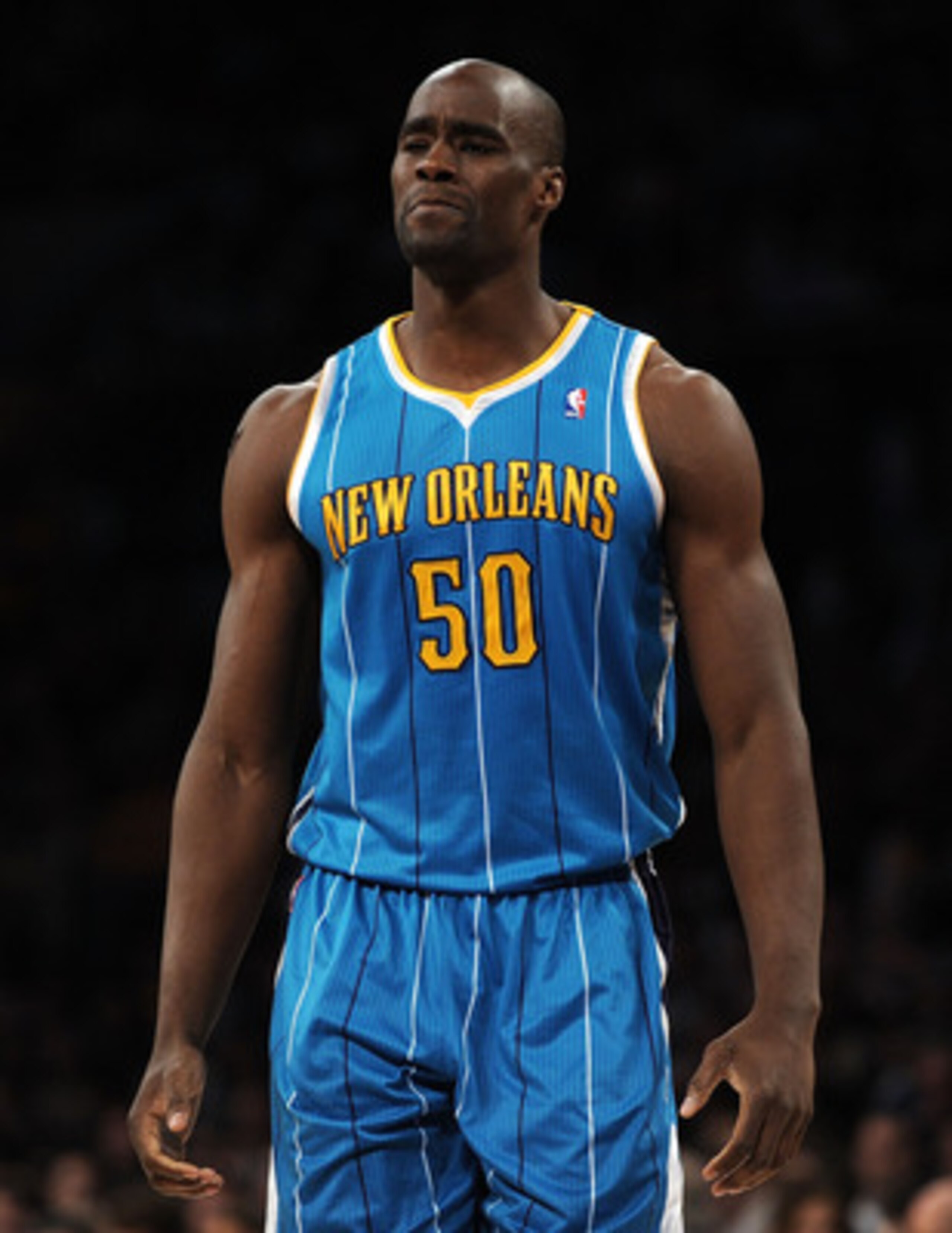 LOS ANGELES, CA - APRIL 20:  Emeka Okafor #50 of the New Orleans Hornets looks on while taking on the Los Angeles Lakers in Game Two of the Western Conference Quarterfinals in the 2011 NBA Playoffs on April 20, 2011 at Staples Center in Los Angeles, Calif