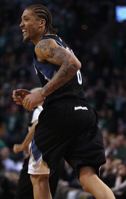 BOSTON, MA - JANUARY 03:  Michael Beasley #8 of the Minnesota Timberwolves celebrates his three point shot in the fourth quarter against the Boston Celtics on January 3, 2011 at the TD Garden in Boston, Massachusetts. The Celtics defeated the Timberwolves