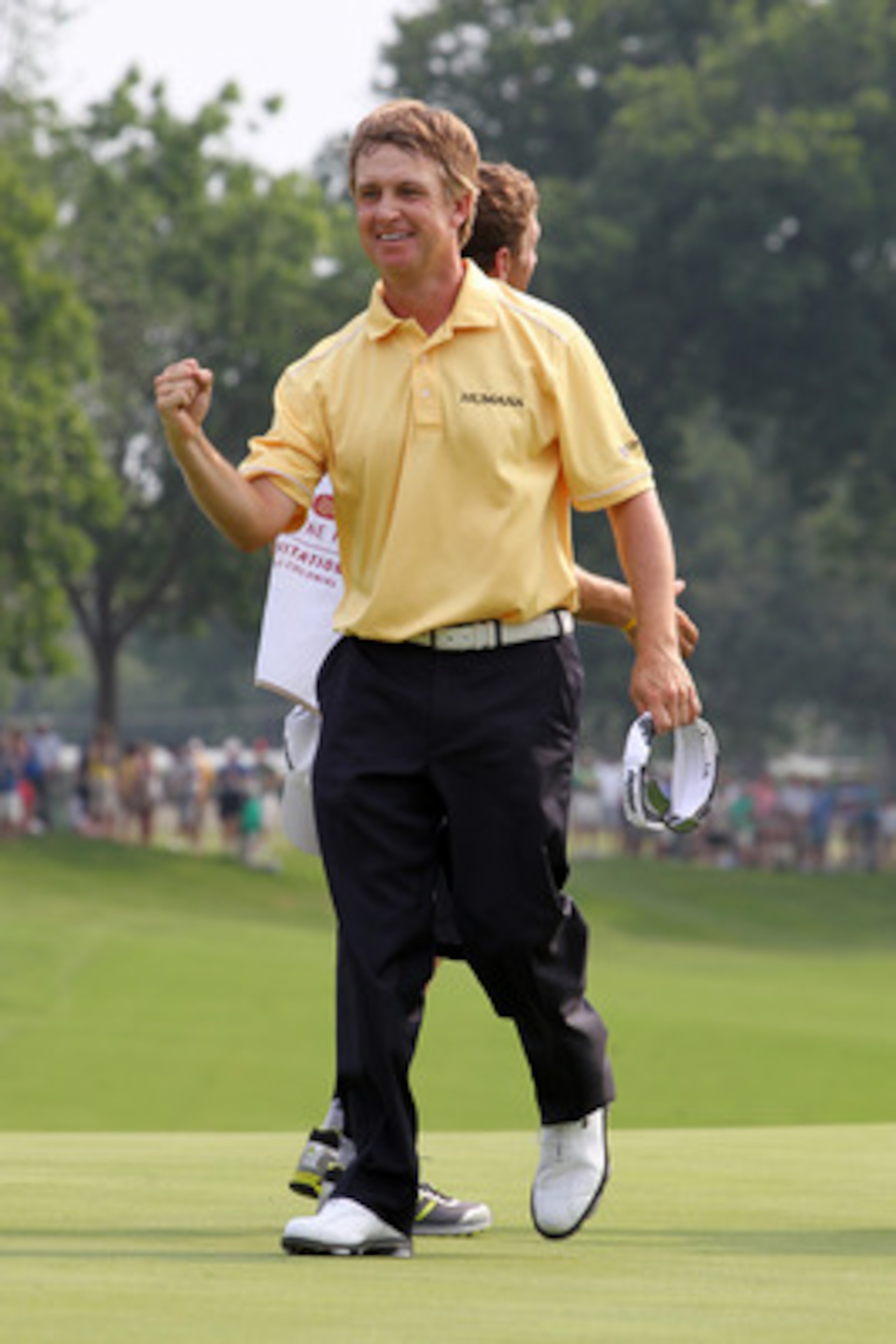 FORT WORTH, TX - MAY 22: David Toms celebrates on the 18th green after winning the Crowne Plaza Invitational at Colonial Country Club on May 22, 2011 in Fort Worth, Texas. (Photo by Hunter Martin/Getty Images)