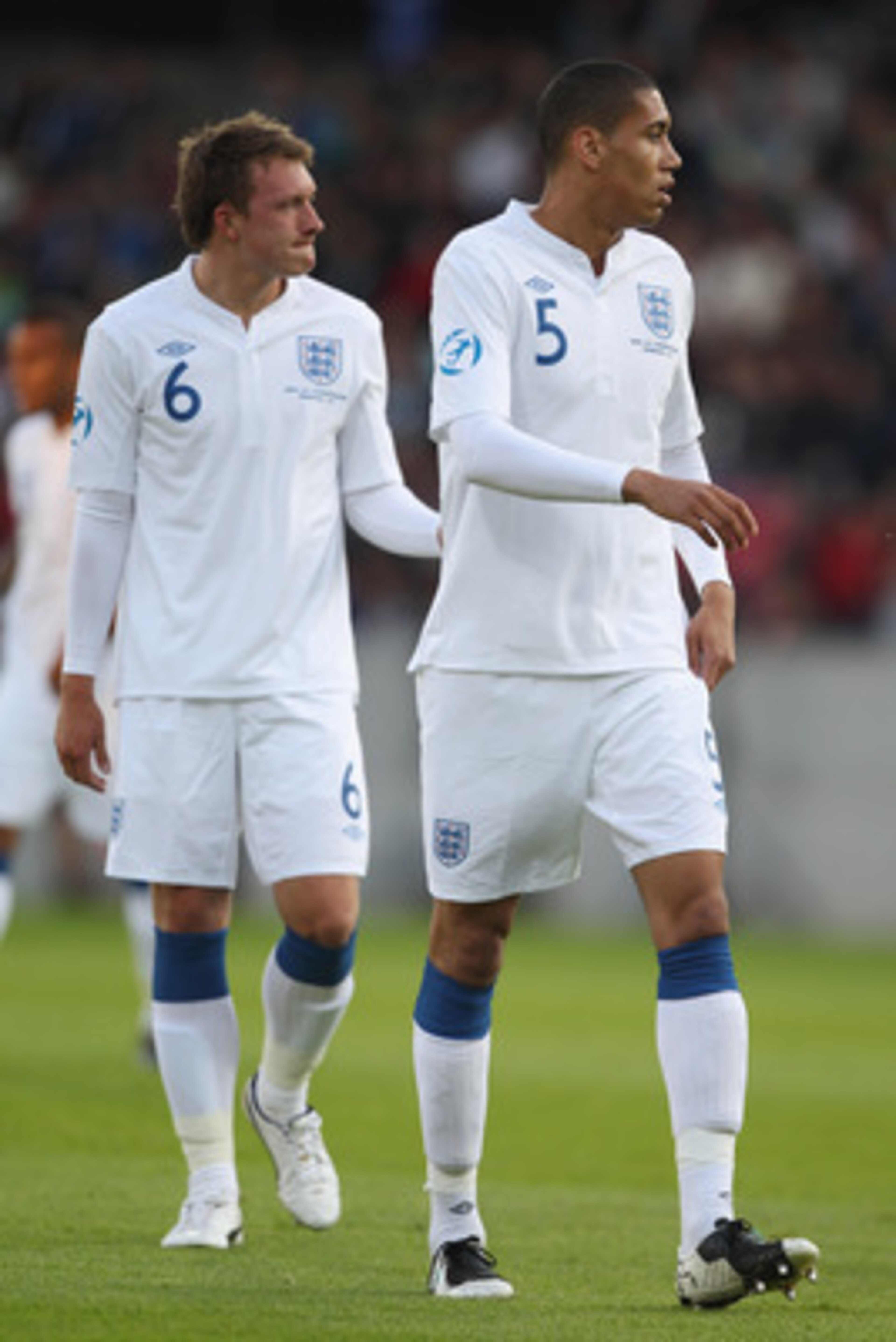 HERNING, DENMARK - JUNE 12: Phil Jones (L) and Chris Smalling (R) of England during the UEFA European Under-21 Championship Group B match between England and Spain at the Herning Stadium on June 12, 2011 in Herning, Denmark.  (Photo by Michael Steele/Gett