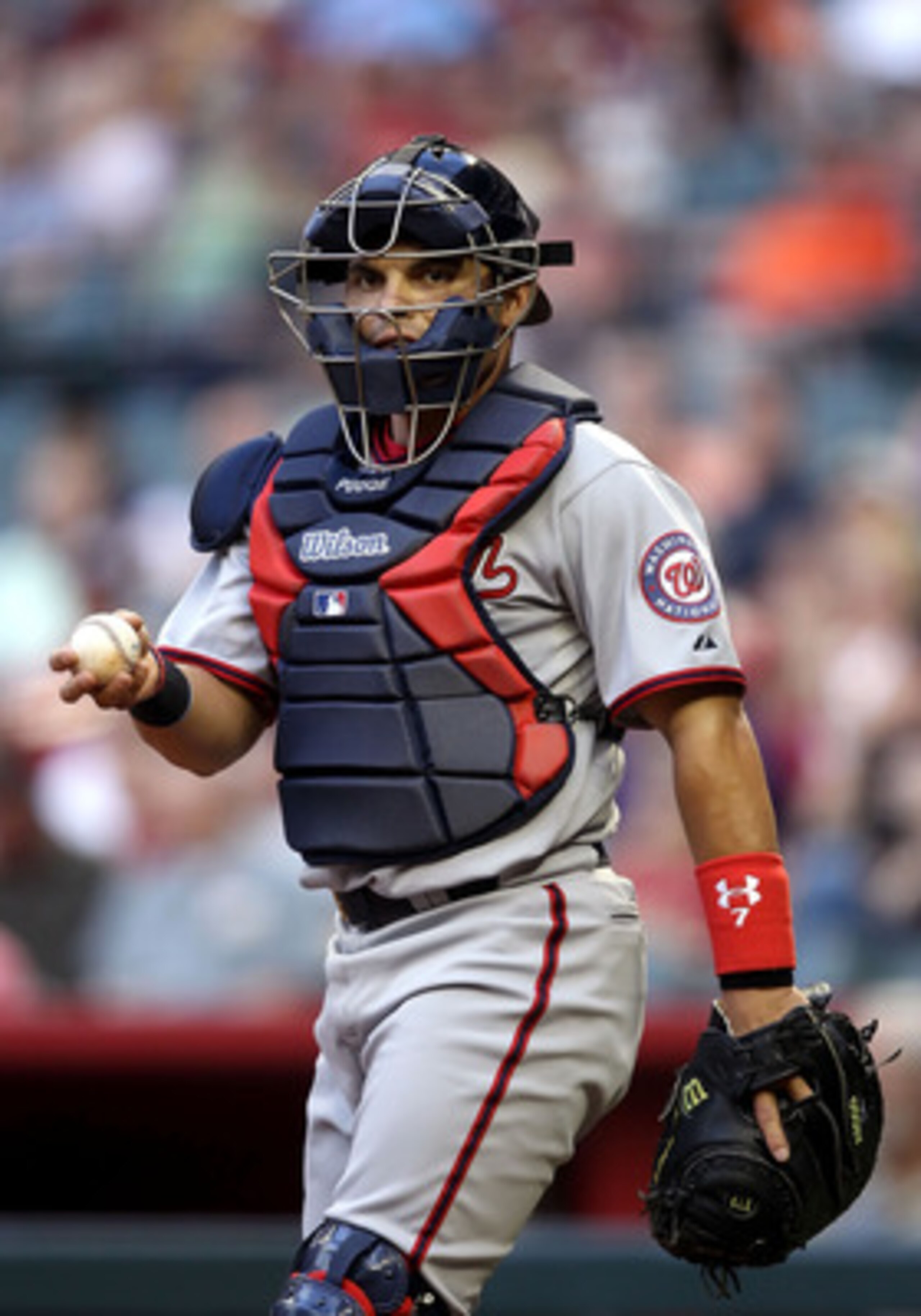 PHOENIX, AZ - JUNE 03: Catcher Ivan Rodriguez #7 of the Washington Nationals in action during the Major League Baseball game against the Arizona Diamondbacks at Chase Field on June 3, 2011 in Phoenix, Arizona. The Diamondbacks defeated the Nationals 4-0. PHOENIX, AZ - JUNE 03: Catcher Ivan Rodriguez #7 of the Washington Nationals in action during the Major League Baseball game against the Arizona Diamondbacks at Chase Field on June 3, 2011 in Phoenix, Arizona. The Diamondbacks defeated the Nationals 4-0.