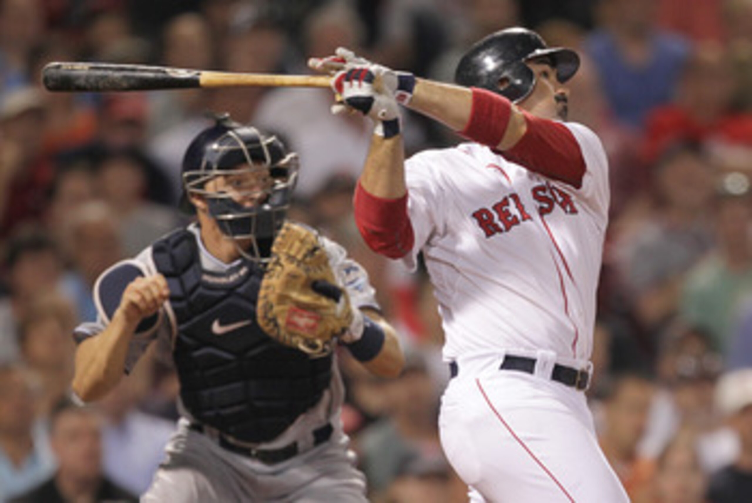BOSTON, MA - JUNE 20: Adrian Gonzalez #28 of the Boston Red Sox connects for a one-run double against the San Diego Padres at Fenway Park on June 20, 2011 in Boston, Massachusetts. (Photo by Jim Rogash/Getty Images) BOSTON, MA - JUNE 20: Adrian Gonzalez #28 of the Boston Red Sox connects for a one-run double against the San Diego Padres at Fenway Park on June 20, 2011 in Boston, Massachusetts. (Photo by Jim Rogash/Getty Images)