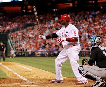 PHILADELPHIA - JUNE 15:  Ryan Howard #6 of the Philadelphia Phillies bats against the Florida Marlins during game two of a day night double header at Citizens Bank Park on June 15, 2011 in Philadelphia, Pennsylvania.  (Photo by Len Redkoles/Getty Images)