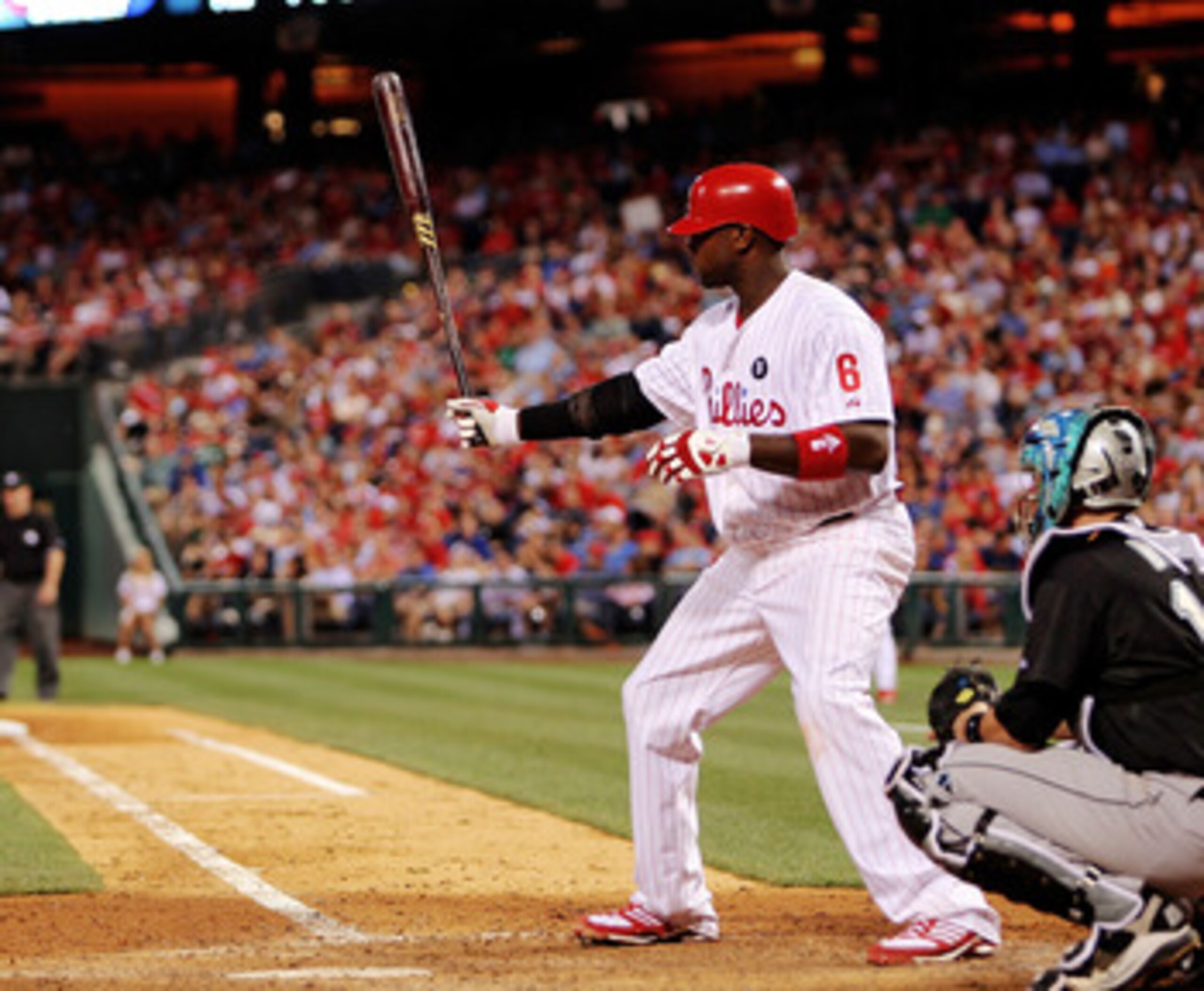 PHILADELPHIA - JUNE 15: Ryan Howard #6 of the Philadelphia Phillies bats against the Florida Marlins during game two of a day night double header at Citizens Bank Park on June 15, 2011 in Philadelphia, Pennsylvania. (Photo by Len Redkoles/Getty Images) PHILADELPHIA - JUNE 15: Ryan Howard #6 of the Philadelphia Phillies bats against the Florida Marlins during game two of a day night double header at Citizens Bank Park on June 15, 2011 in Philadelphia, Pennsylvania. (Photo by Len Redkoles/Getty Images)