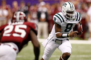 NEW ORLEANS, LA - DECEMBER 18:  Quarterback Boo Jackson #8 of the Ohio University Bobcats runs with the ball during the game against the Troy University Trojans  during the R&L Carriers New Orleans Bowl at the Louisiana Superdome on December 18, 2010 in N