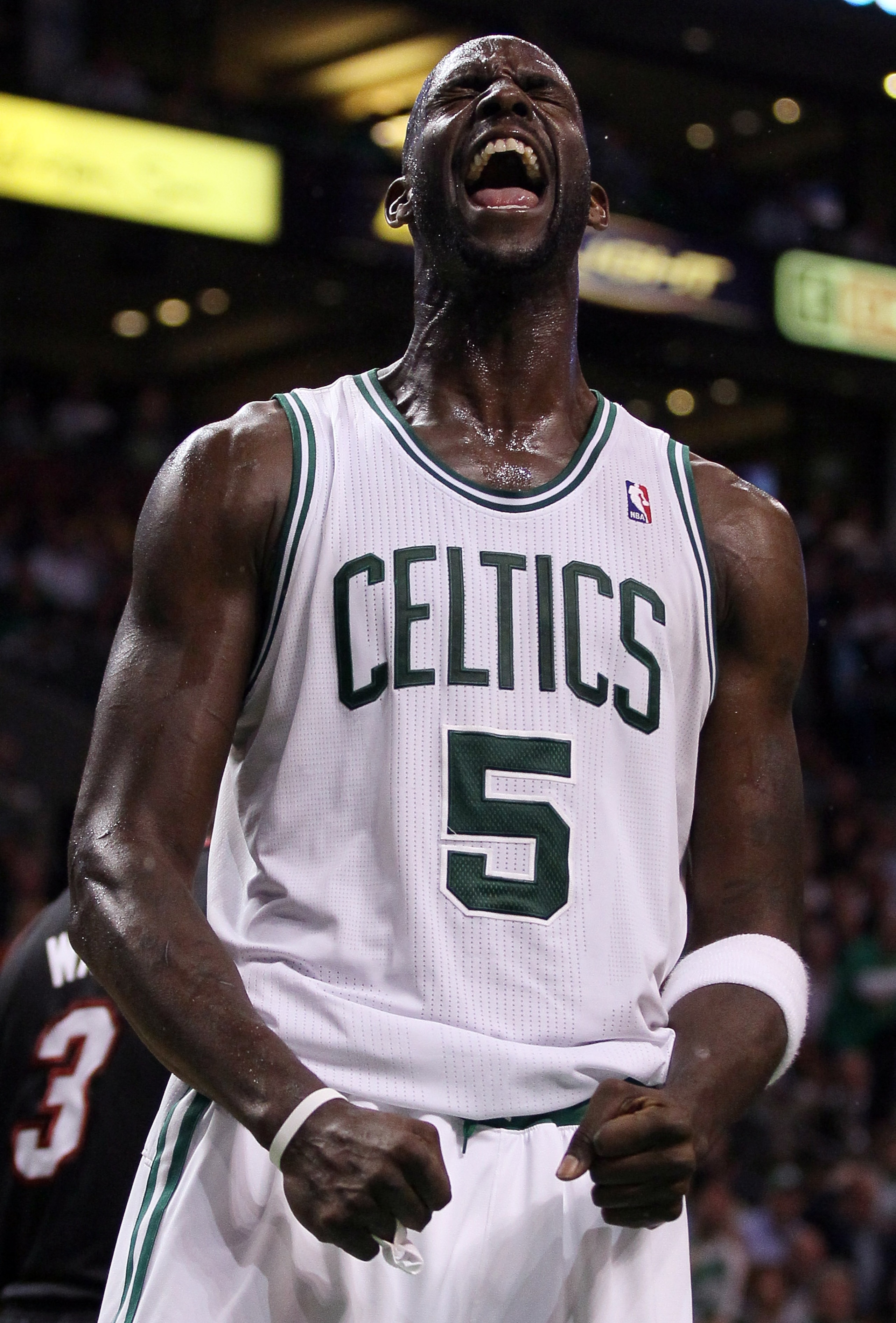 BOSTON, MA - MAY 09: Kevin Garnett #5 of the Boston Celtics reacts after a foul is called on the Miami Heat in Game Four of the Eastern Conference Semifinals in the 2011 NBA Playoffs on May 9, 2011 at the TD Garden in Boston, Massachusetts. NOTE TO USER BOSTON, MA - MAY 09: Kevin Garnett #5 of the Boston Celtics reacts after a foul is called on the Miami Heat in Game Four of the Eastern Conference Semifinals in the 2011 NBA Playoffs on May 9, 2011 at the TD Garden in Boston, Massachusetts. NOTE TO USER