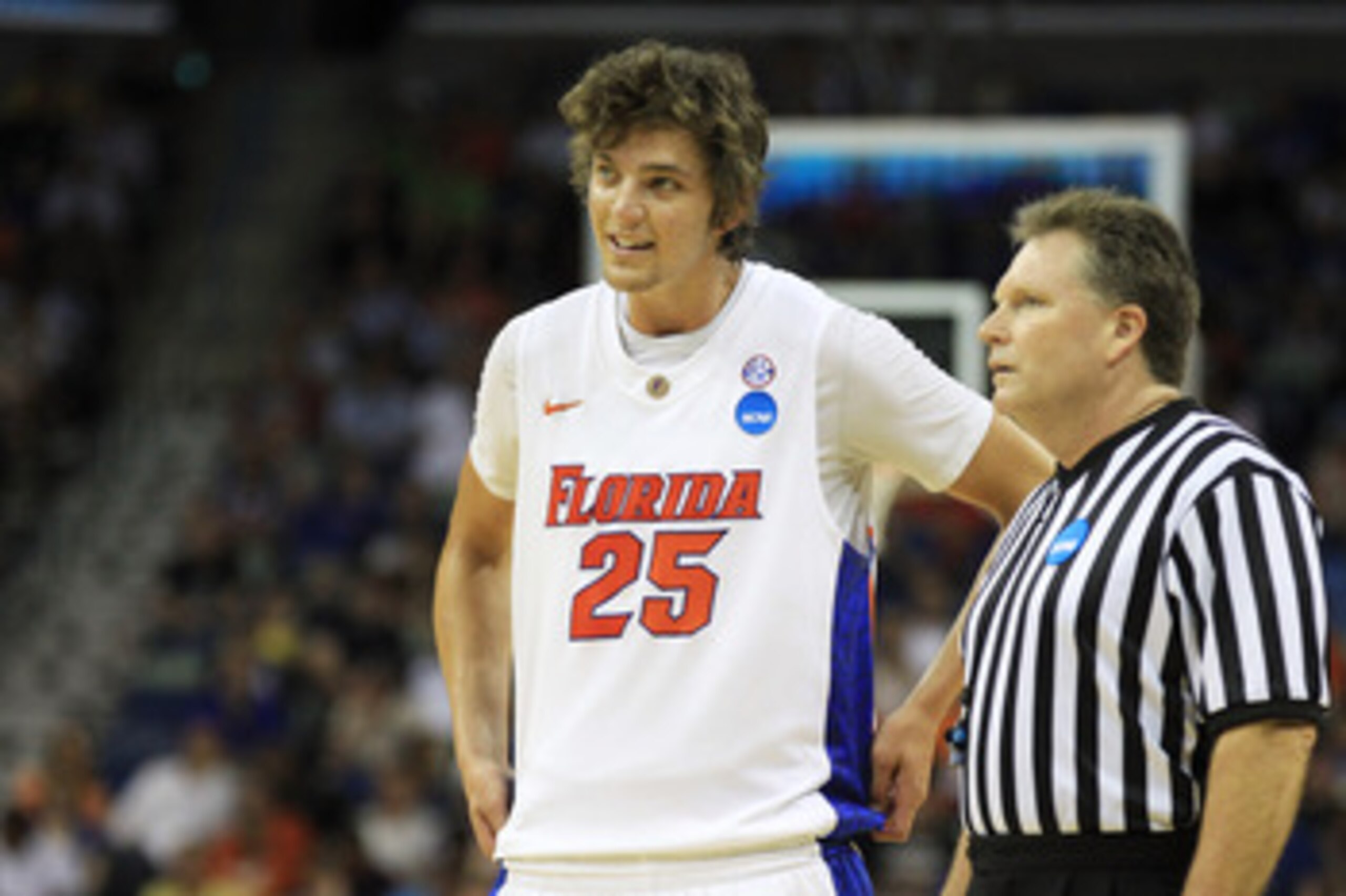 NEW ORLEANS, LA - MARCH 26:  Chandler Parsons #25 of the Florida Gators talks to an offical during their game against the Butler Bulldogs in the Southeast regional final of the 2011 NCAA men's basketball tournament at New Orleans Arena on March 26, 2011 i