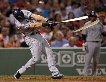 BOSTON, MA  - JUNE 20:  Ryan Ludwick #47 of the San Diego Padres connects for a broken-bat single during a game against the Boston Red Sox at Fenway Park on June 20, 2011 in Boston, Massachusetts.  (Photo by Jim Rogash/Getty Images)