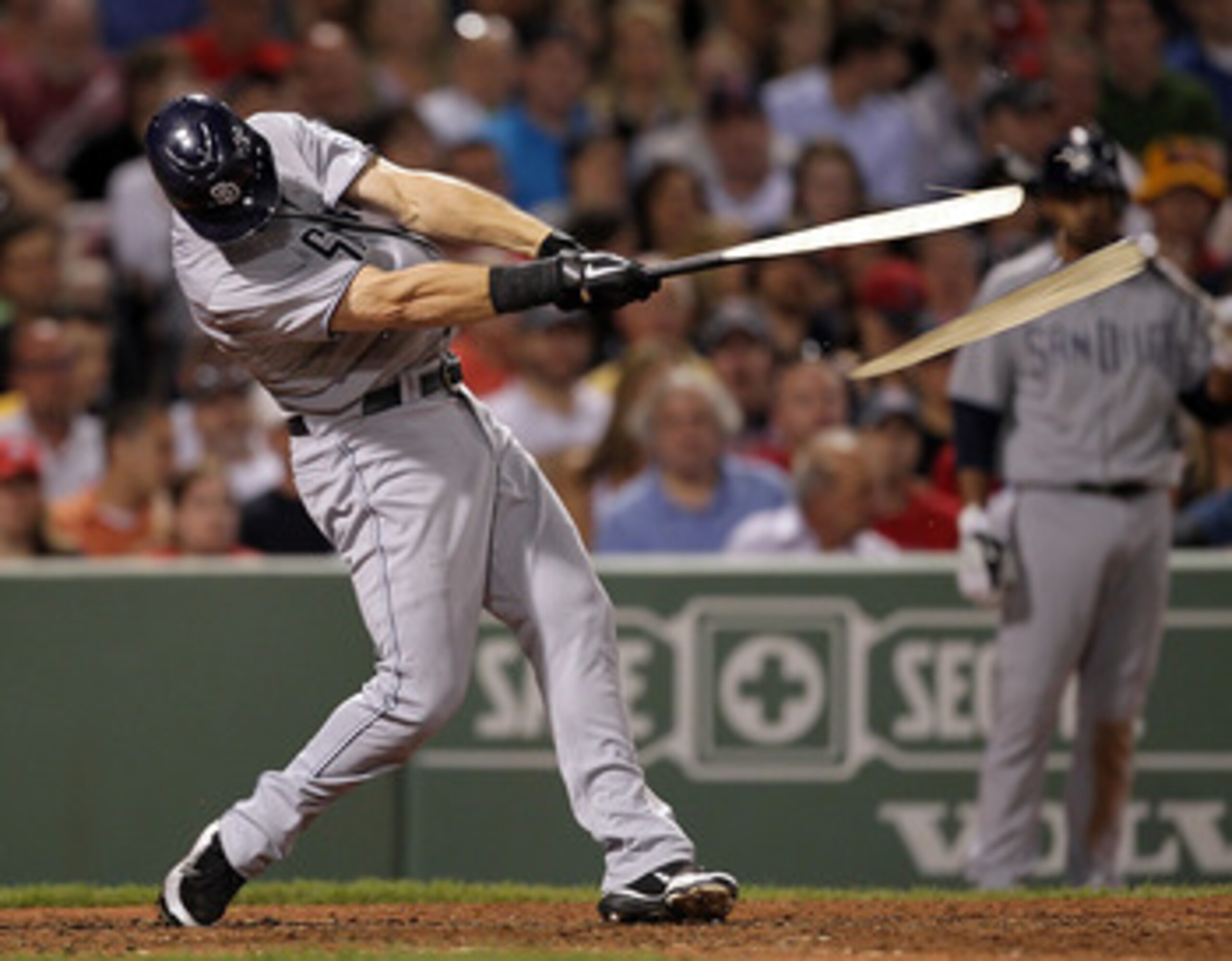 BOSTON, MA  - JUNE 20:  Ryan Ludwick #47 of the San Diego Padres connects for a broken-bat single during a game against the Boston Red Sox at Fenway Park on June 20, 2011 in Boston, Massachusetts.  (Photo by Jim Rogash/Getty Images)