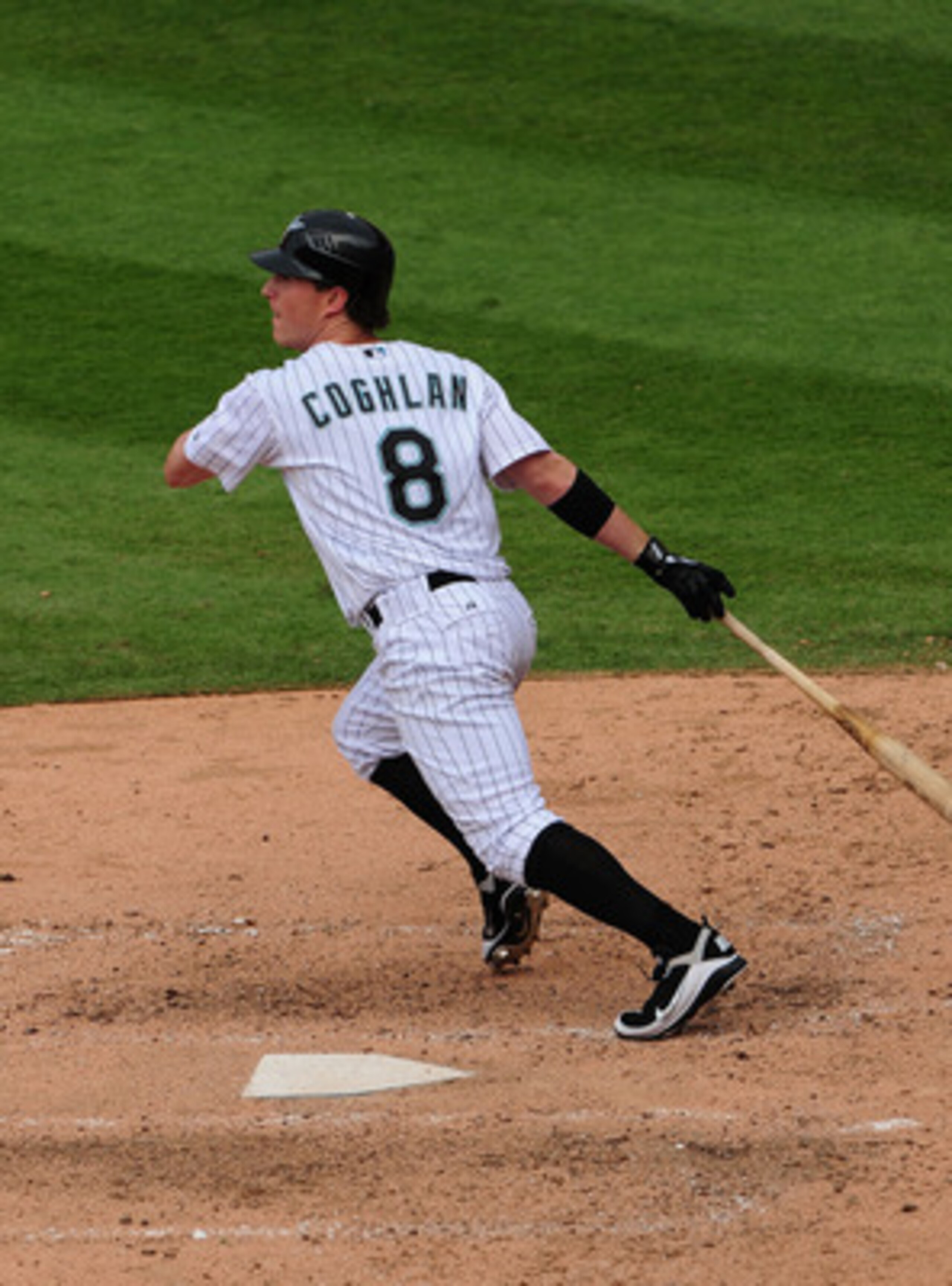 MIAMI GARDENS, FL - JUNE 12:  Chris Coghlan  #8 of the Florida Marlins follows throught after getting a base hit against the Arizona Diamondbacks at Sun Life Stadium on June 12, 2011 in Miami Gardens, Florida. (Photo by Jason Arnold/Getty Images)