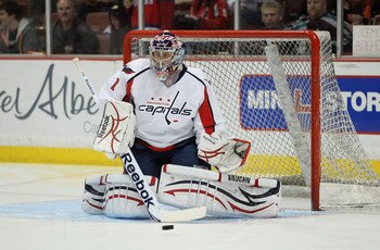 ANAHEIM, CA - FEBRUARY 16:  Goaltender Semyon Varlamov #1 of the Washington Capitals warms up prior to the start of the game against the Anaheim Ducks at Honda Center on February 16, 2011 in Anaheim, California.  (Photo by Jeff Gross/Getty Images)