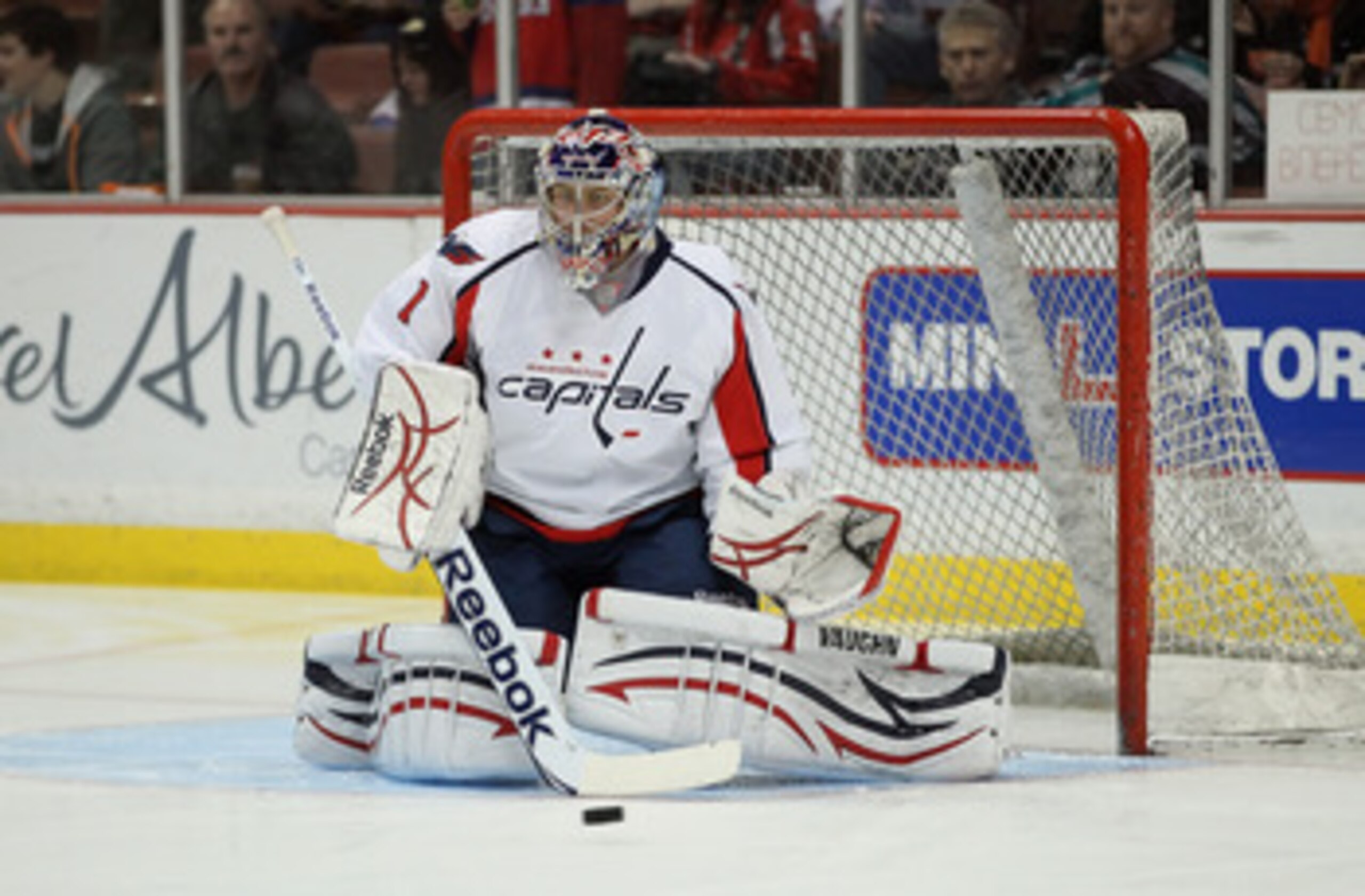 ANAHEIM, CA - FEBRUARY 16:  Goaltender Semyon Varlamov #1 of the Washington Capitals warms up prior to the start of the game against the Anaheim Ducks at Honda Center on February 16, 2011 in Anaheim, California.  (Photo by Jeff Gross/Getty Images)