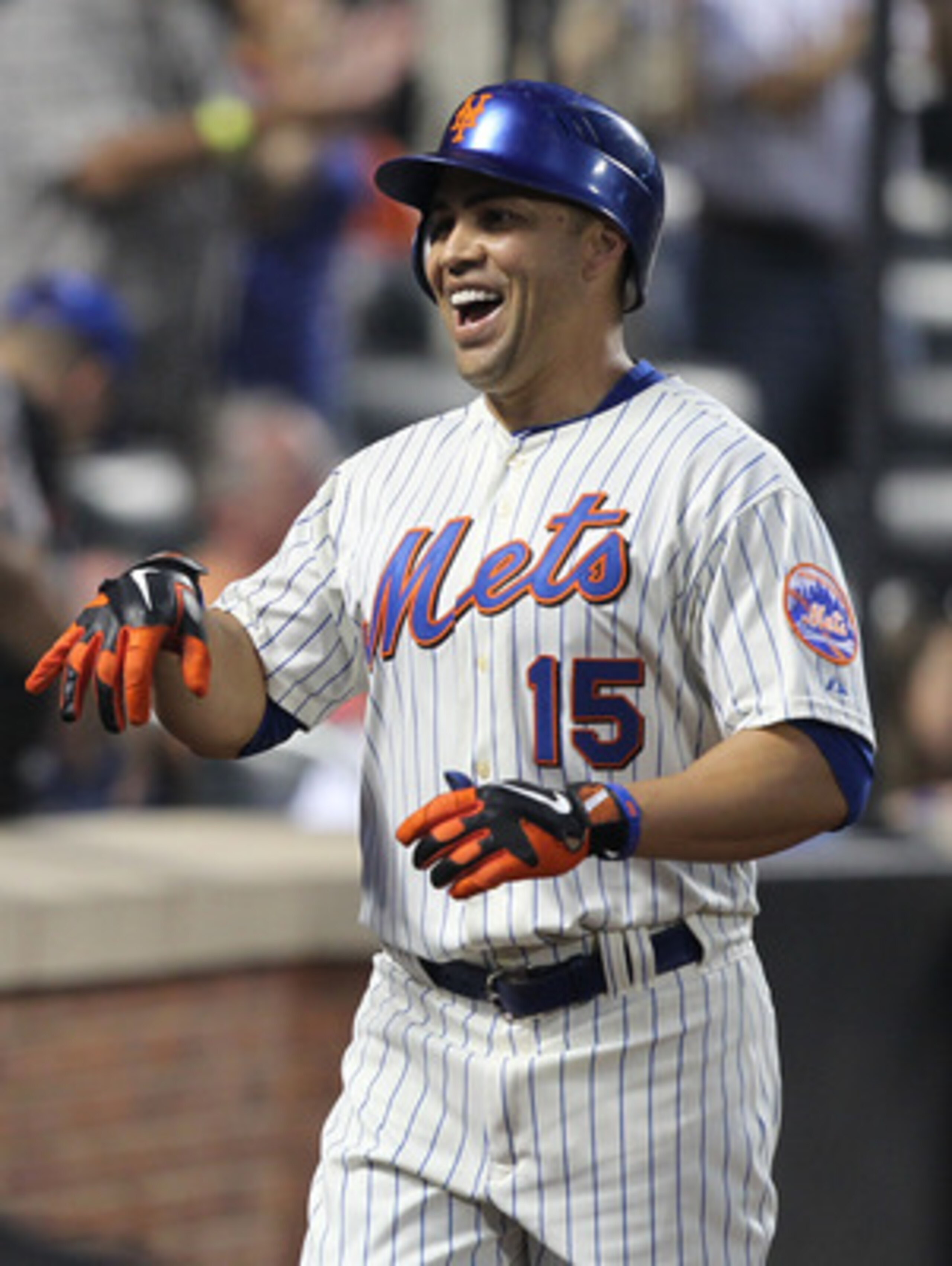 NEW YORK, NY - JUNE 18:  Carlos Beltran #15 of the New York Mets celebrates a two run home run with teamates in the fifth inning against the Los Angeles Angels of Anaheim during their game on June 18, 2011 at Citi Field in the Flushing neighborhood of the