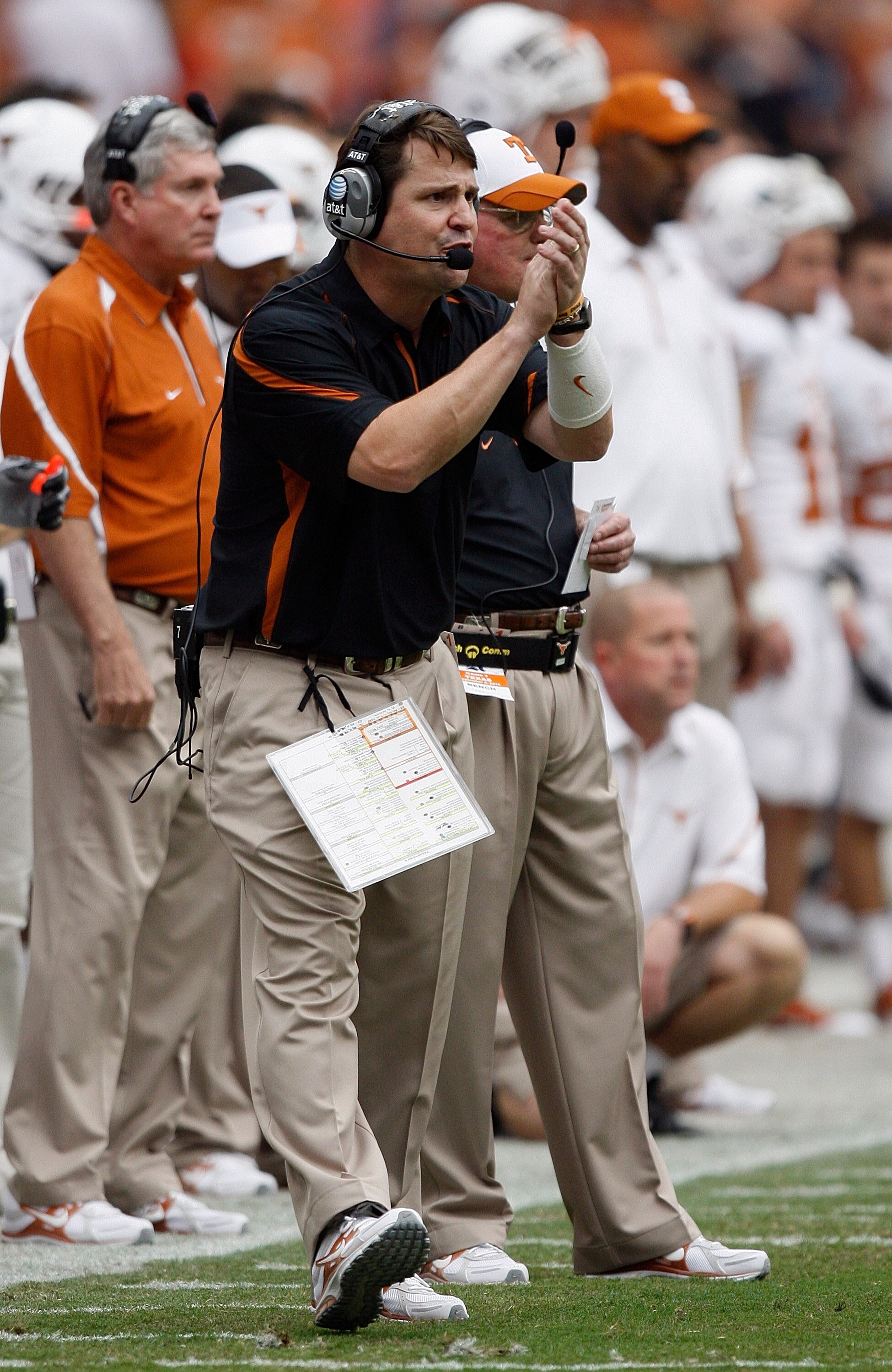 HOUSTON - SEPTEMBER 04:  Defensive Coordinator/Linebackers coach Will Muschamp watches from the sidelines during a game against the Rice Owls at Reliant Stadium on September 4, 2010 in Houston, Texas.  (Photo by Bob Levey/Getty Images)