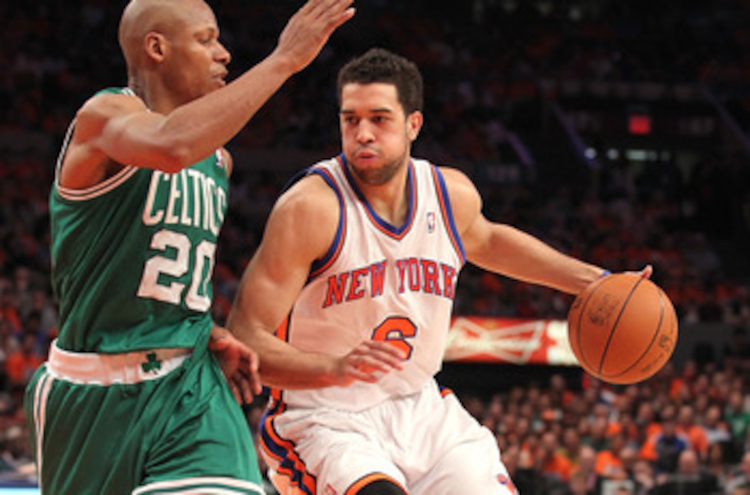 NEW YORK, NY - APRIL 24:  Landry Fields #6 of the New York Knicks drives against Ray Allen #20 of the Boston Celtics in Game Four of the Eastern Conference Quarterfinals during the 2011 NBA Playoffs on April 24, 2011 at Madison Square Garden in New York C