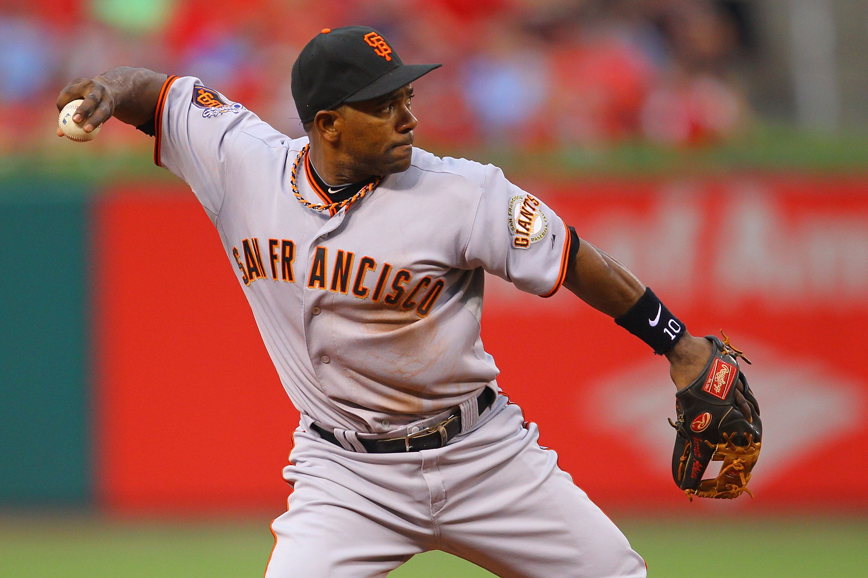 ST. LOUIS, MO - JUNE 2: Miguel Tejada #10 of the San Francisco Giants throws to first base against the St. Louis Cardinals at Busch Stadium on June 2, 2011 in St. Louis, Missouri.  (Photo by Dilip Vishwanat/Getty Images)