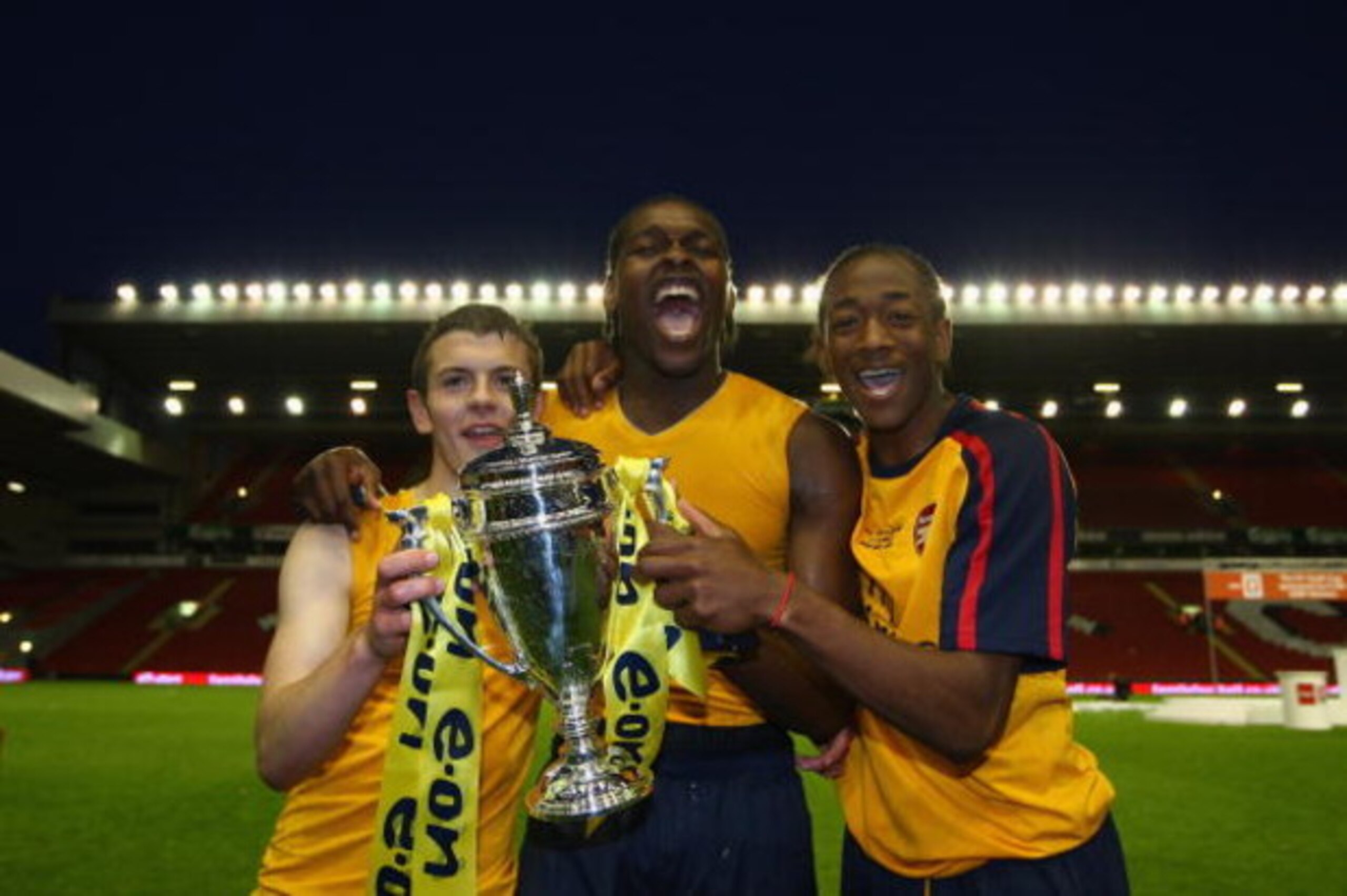 LIVERPOOL, ENGLAND - MAY 26:  (L-R) Arsenals Jack Wilshere, Jay Emmanuel Thomas and Sanchez Watt celebrate winning the FA Youth Cup during the second leg of the FA Youth Cup final sponsored by E.ON, between Liverpool and Arsenal at Anfield on May 26, 2009