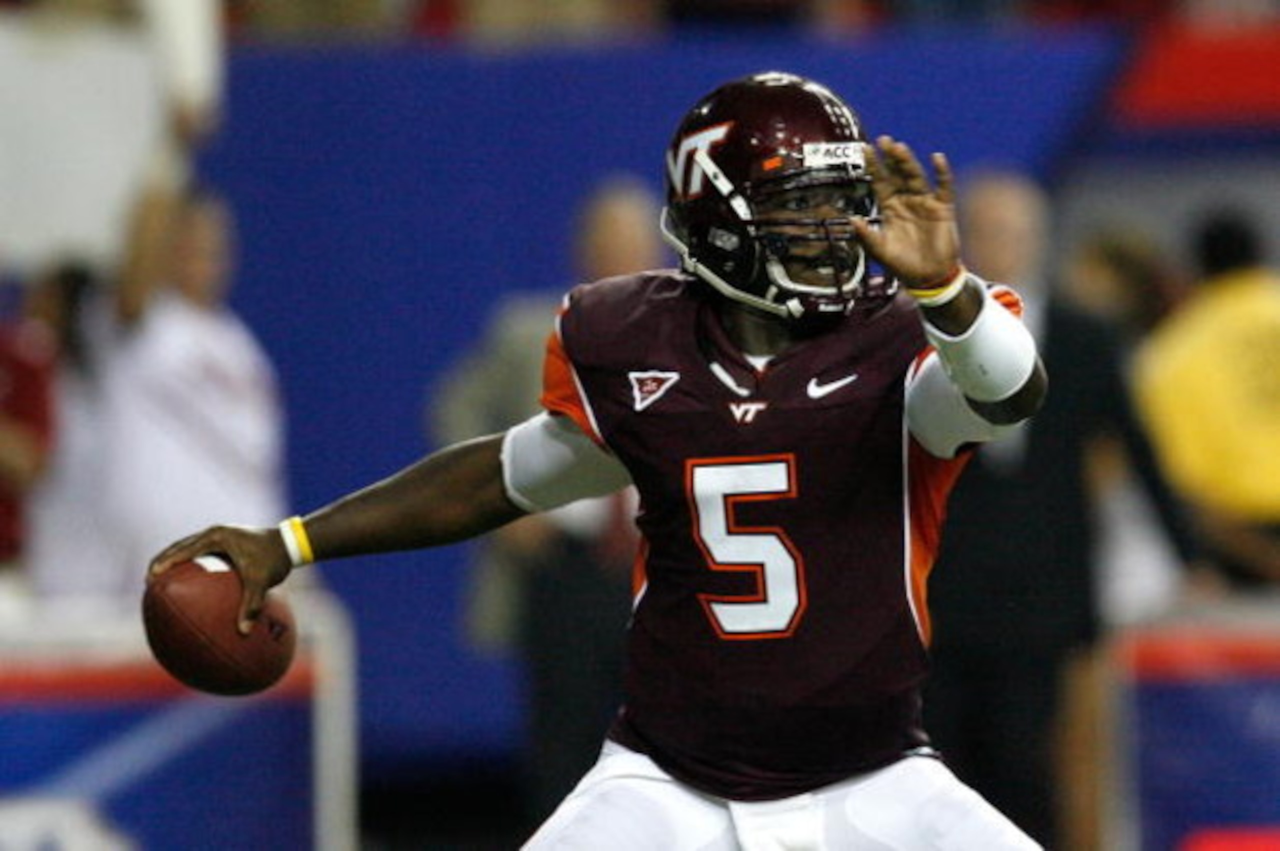 ATLANTA - SEPTEMBER 05:  Quarterback Tyrod Taylor #5 of the Virginia Tech Hokies against the Alabama Crimson Tide during the Chick-fil-A Kickoff Game at Georgia Dome on September 5, 2009 in Atlanta, Georgia.  (Photo by Kevin C. Cox/Getty Images)
