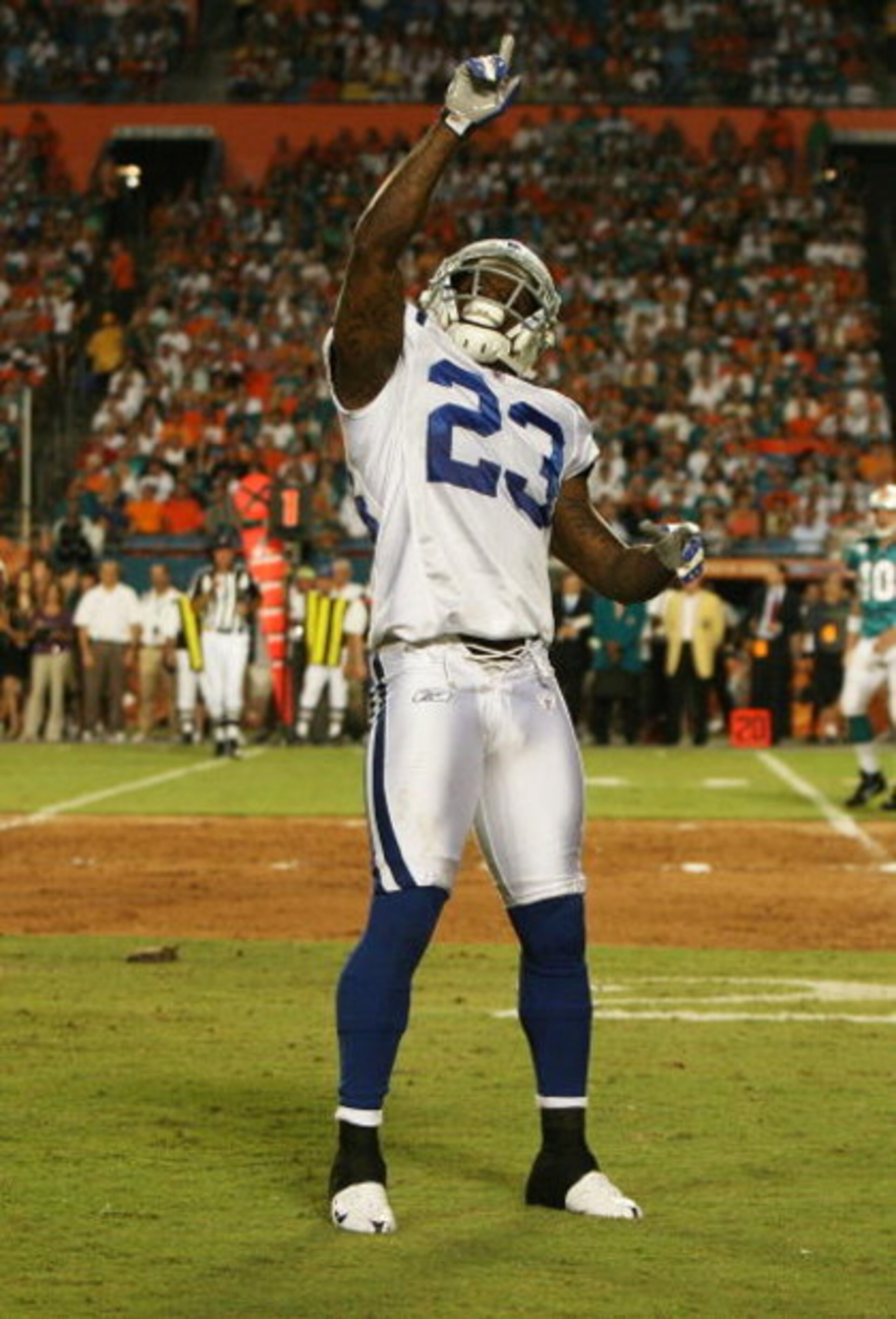 MIAMI - SEPTEMBER 21:  Defensive back Tim Jennings #23 of the Indianapolis Colts points skyward after makiing a big play against the Miami Dolphins at Land Shark Stadium on September 21, 2009 in Miami, Florida. The Colts defeated the Dolphins 27-23.  (Pho