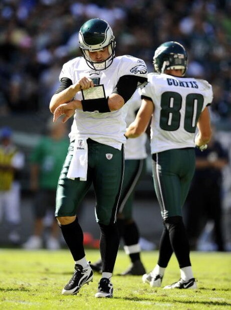 PHILADELPHIA - SEPTEMBER 20:  Kevin Kolb #4 of the Philadelphia Eagles looks at a play during a game against the New Orleans Saints at Lincoln Financial Field on September 20, 2009 in Philadelphia, Pennsylvania.  (Photo by Jeff Zelevansky/Getty Images)
