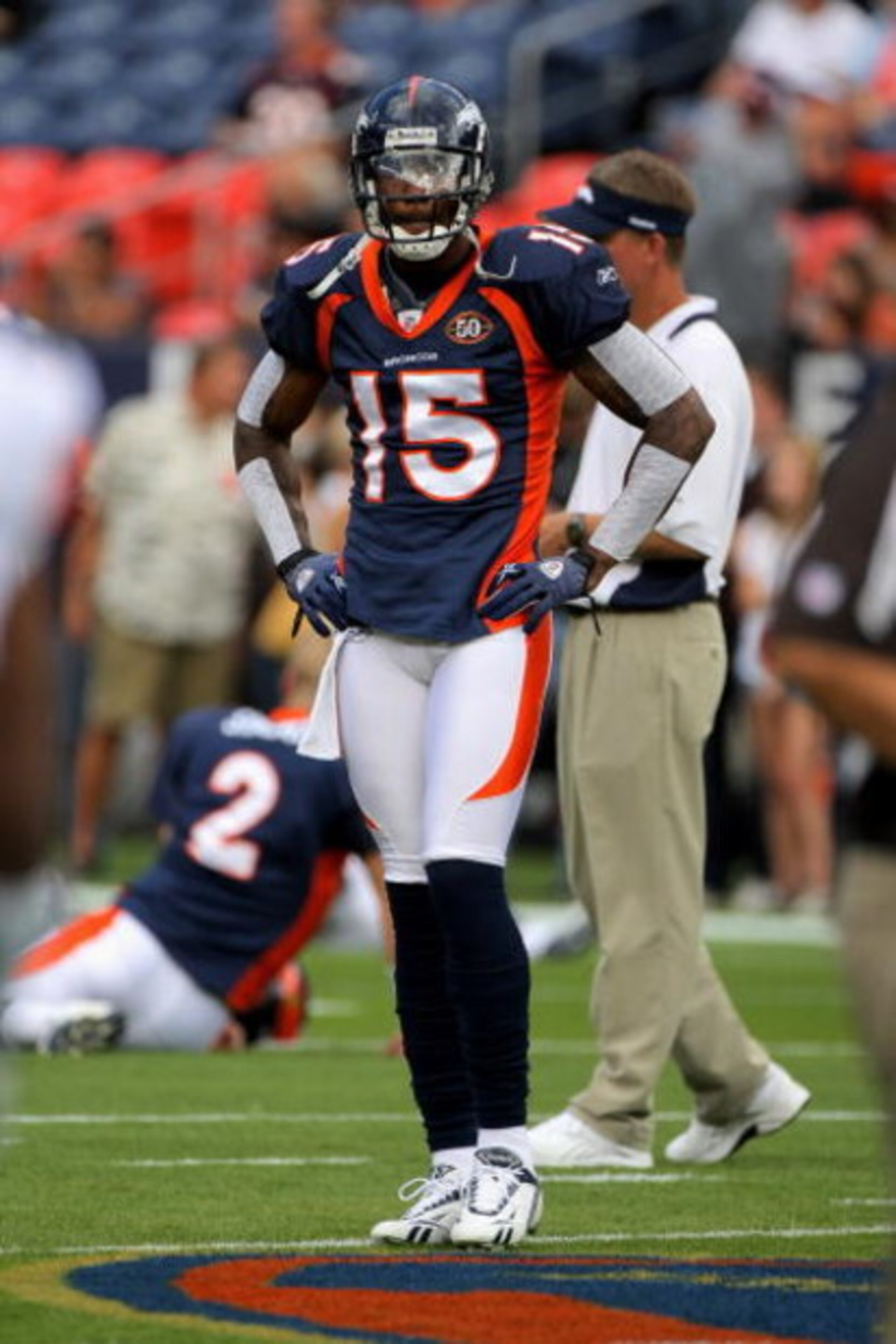 DENVER - SEPTEMBER 20:  Brandon Marshall #15 of the Denver Broncos warms up prior to facing the Cleveland Browns during NFL action at Invesco Field at Mile High on September 20, 2009 in Denver, Colorado. The Broncos defeated the Browns 27-6.  (Photo by Do