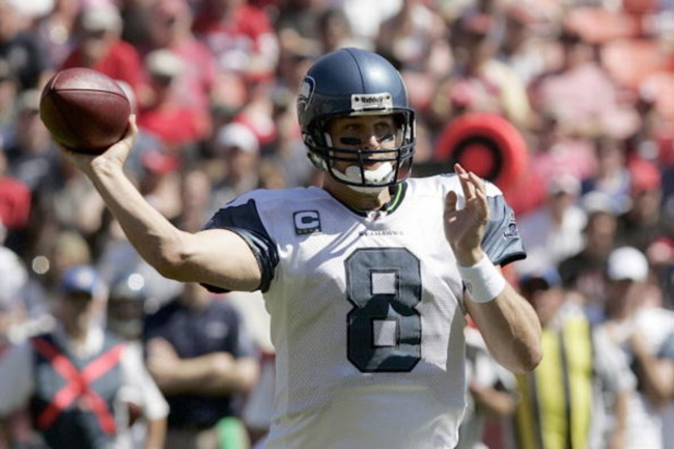 SAN FRANCISCO - SEPTEMBER 20:  Quarterback Matt Hasselbeck #8 of the Seattle Seahawks throws against the San Francisco 49ers in the first quarter during the home opener at Candlestick Park on September 20, 2009 in San Francisco, California.  (Photo by Dav