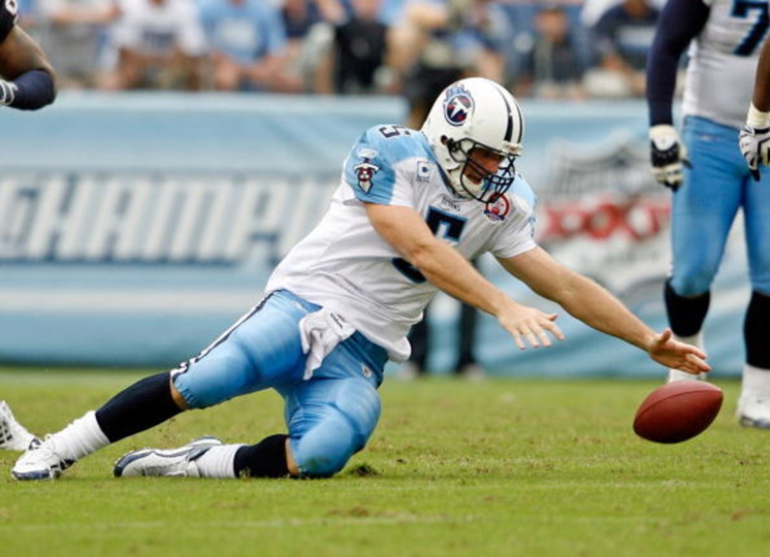 NASHVILLE, TN - SEPTEMBER 20:  Kerry Collins #5 of the Tennessee Titans fumbles the ball to end the Titans final drive during the NFL game against the Houston Texans at LP Field on September 20, 2009 in Nashville, Tennessee. The Texans won 34-31.  (Photo 