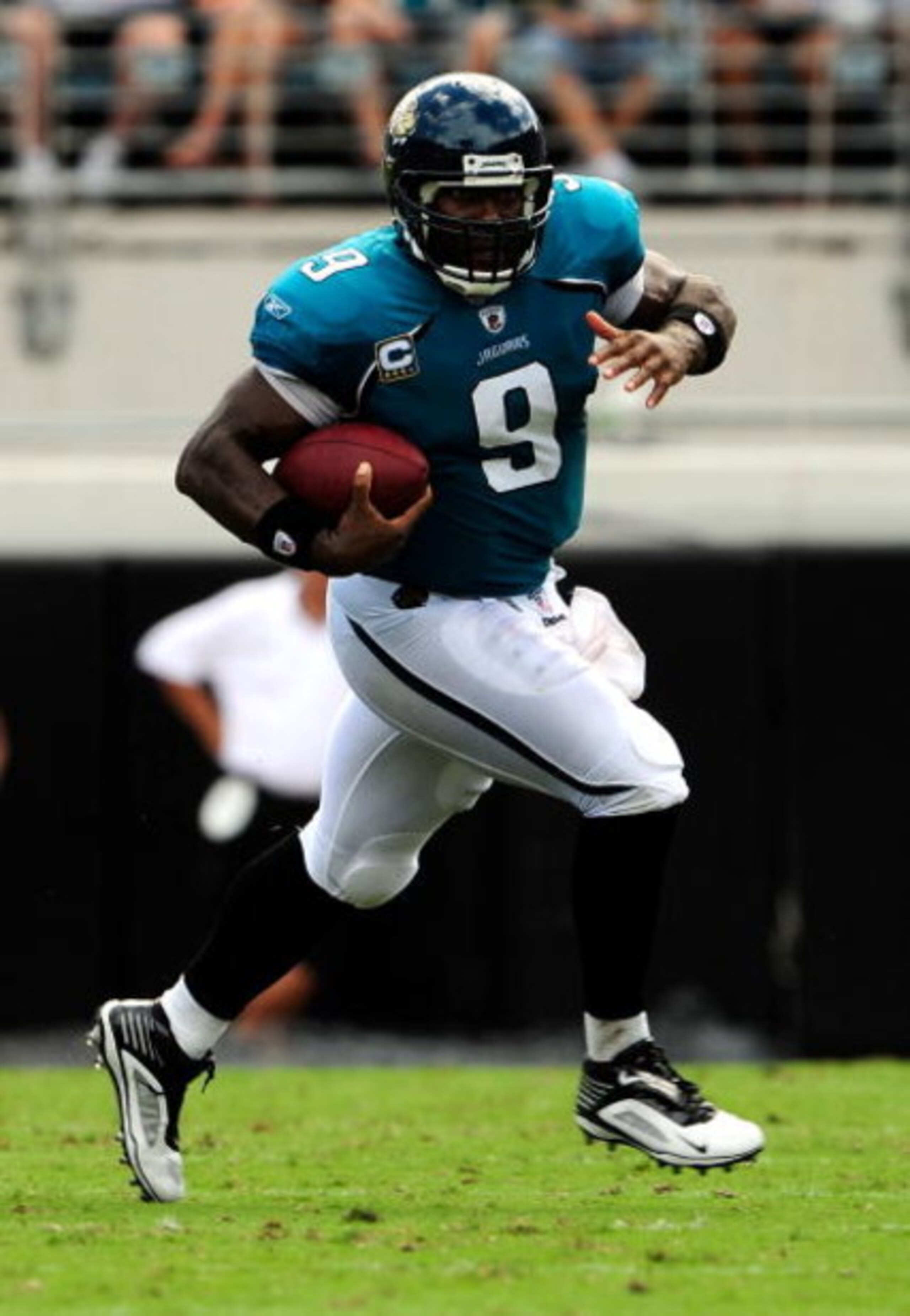 JACKSONVILLE, FL - SEPTEMBER 20:  David Garrard #9 of the Jacksonville Jaguars runs during the game against the Arizona Cardinals at Jacksonville Municipal Stadium on September 20, 2009 in Jacksonville, Florida.  (Photo by Sam Greenwood/Getty Images)