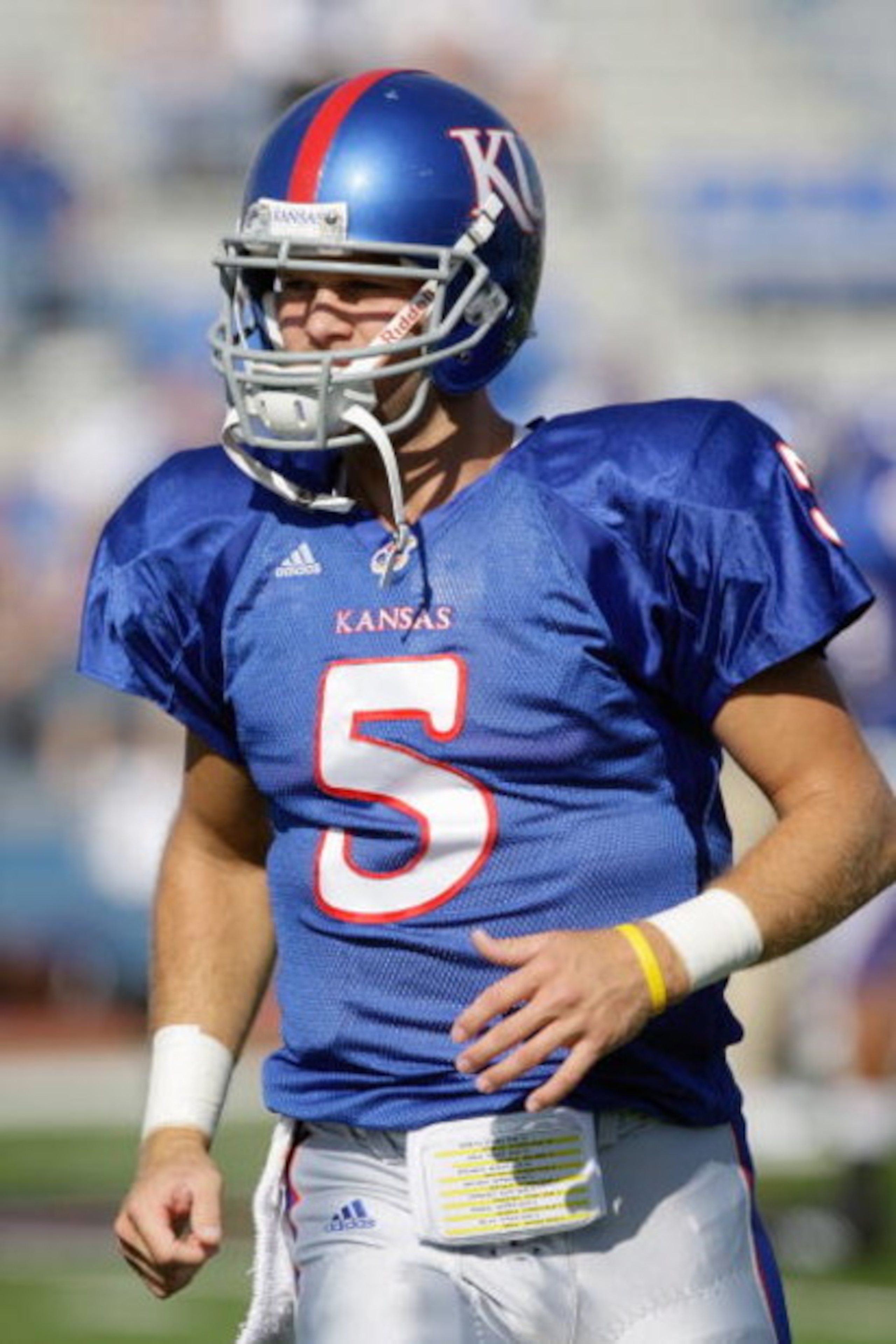 LAWRENCE, KS - SEPTEMBER 19: Quarterback Todd Reesing #5 of the Kansas Jayhawks looks on before the game against the Duke Blue Devils on Kivisto Field at Memorial Stadium on September 19, 2009 in Lawrence, Kansas. (Photo by Jamie Squire/Getty Images) LAWRENCE, KS - SEPTEMBER 19: Quarterback Todd Reesing #5 of the Kansas Jayhawks looks on before the game against the Duke Blue Devils on Kivisto Field at Memorial Stadium on September 19, 2009 in Lawrence, Kansas. (Photo by Jamie Squire/Getty Images)