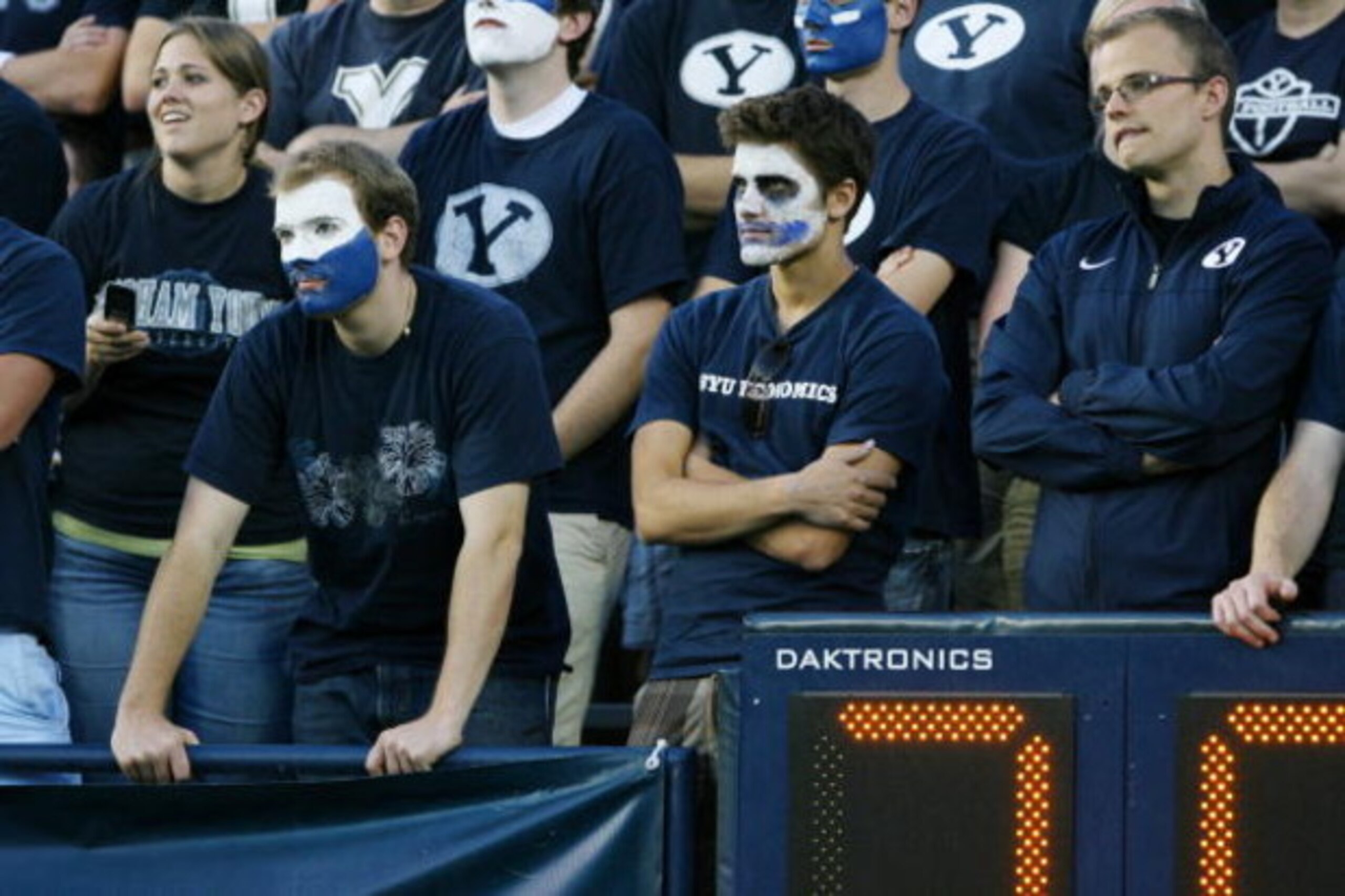 PROVO, UT. - SEPTEMBER 19: Brigham Young Cougars fans look on as their team loses to the Florida State Seminoles at La Vell Edwards Stadium on September 19, 2009 in Provo, Utah. (Photo by Melissa Majchrzak/Getty Images) PROVO, UT. - SEPTEMBER 19: Brigham Young Cougars fans look on as their team loses to the Florida State Seminoles at La Vell Edwards Stadium on September 19, 2009 in Provo, Utah. (Photo by Melissa Majchrzak/Getty Images)