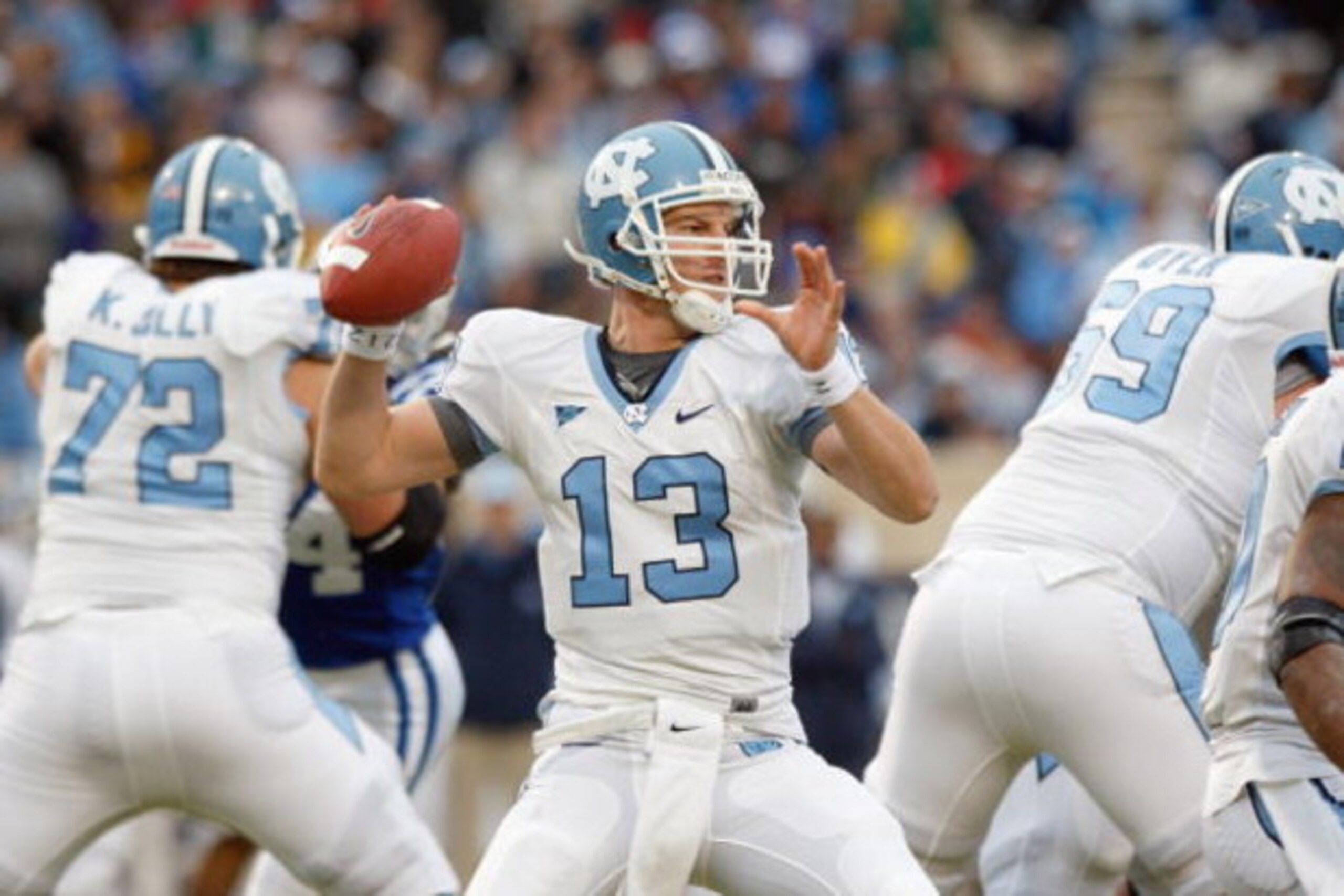 DURHAM, NC - NOVEMBER 29:  Quarterback T.J. Yates #13 of the North Carolina Tar Heels looks to pass the ball during against the Duke Blue Devils at Wallace Wade Stadium on November 29, 2008 in Durham, North Carolina. (Photo by Kevin C. Cox/Getty Images)