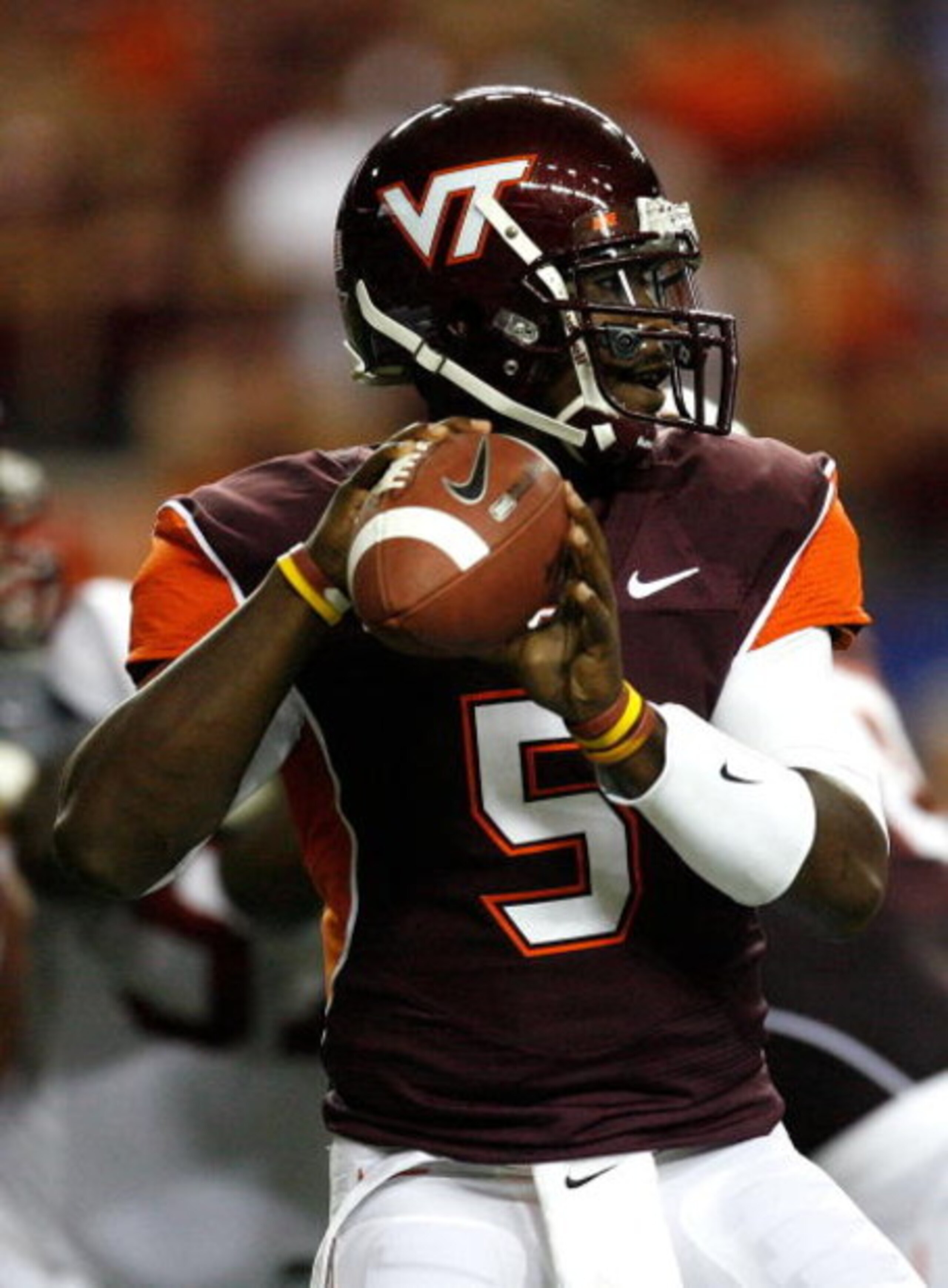 ATLANTA - SEPTEMBER 05:  Quarterback Tyrod Taylor #5 of the Virginia Tech Hokies against the Alabama Crimson Tide during the Chick-fil-A Kickoff Game at Georgia Dome on September 5, 2009 in Atlanta, Georgia.  (Photo by Kevin C. Cox/Getty Images)