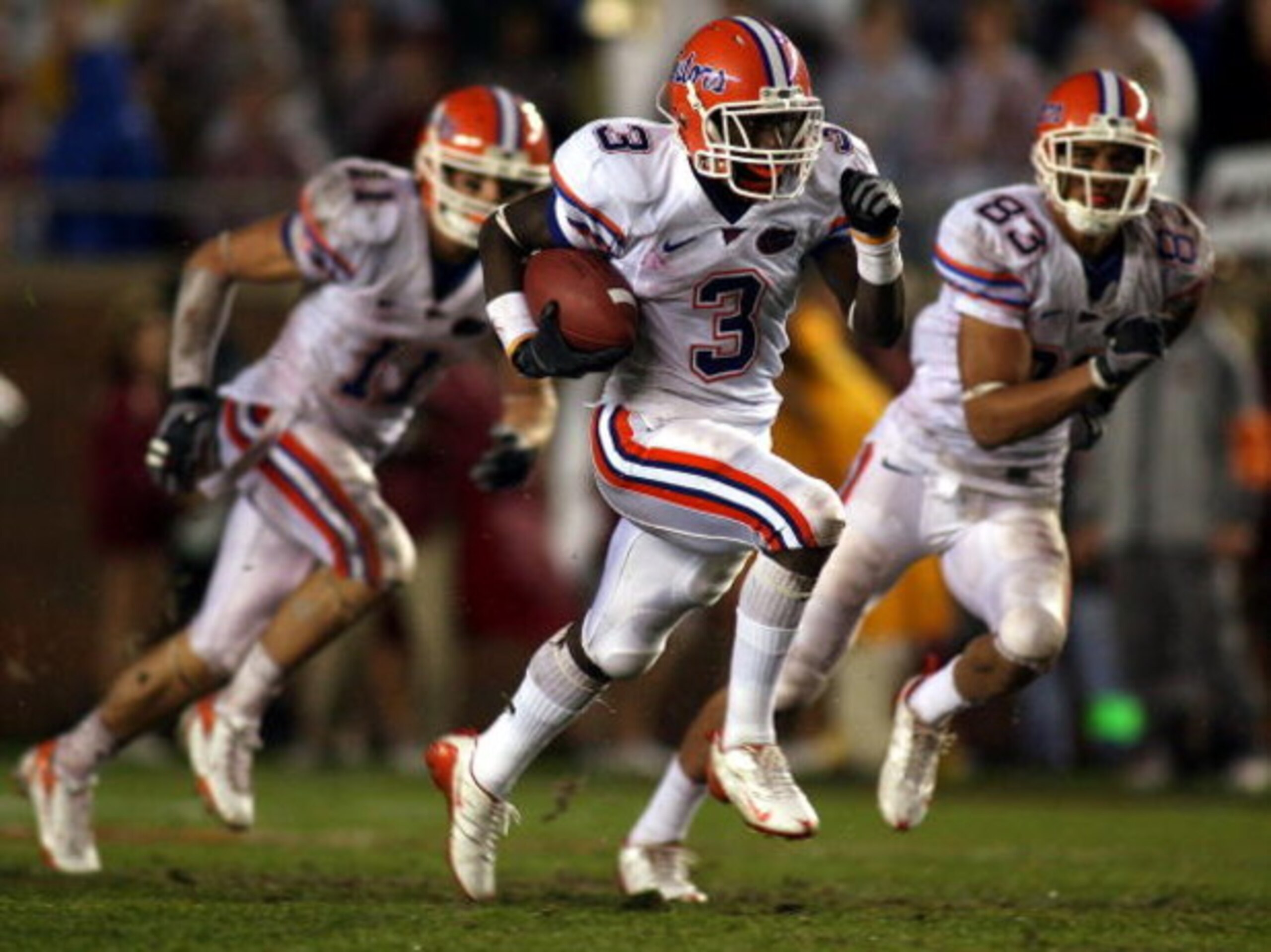 TALLAHASSEE, FL - NOVEMBER 29:  Running back Chris Rainey #3 of the Florida Gators runs the ball against the Florida State Seminoles at Bobby Bowden Field at Doak Campbell Stadium on November 29, 2008 in Tallahassee, Florida.  Florida defeated Florida Sta